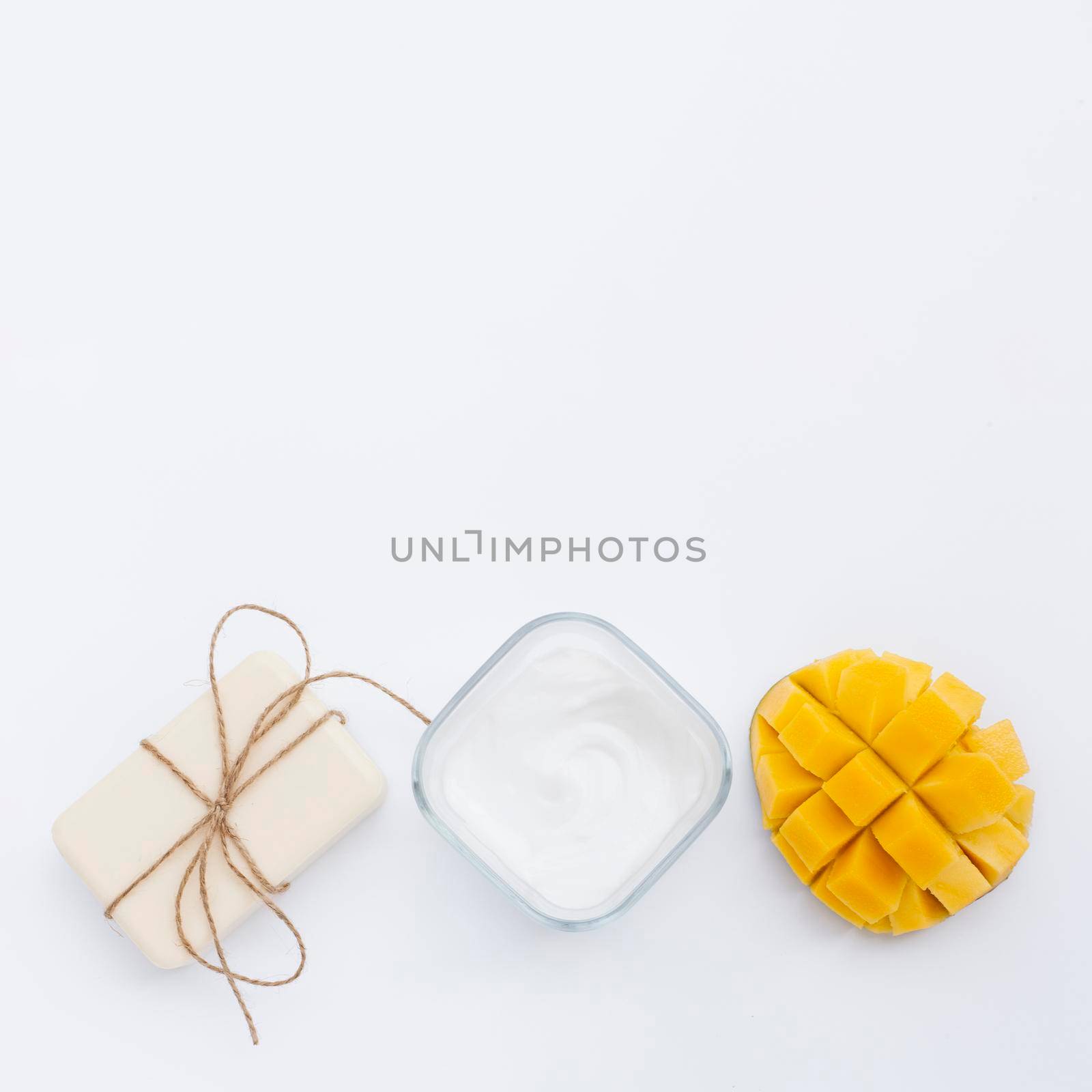 flat lay cream soap mango with copy space