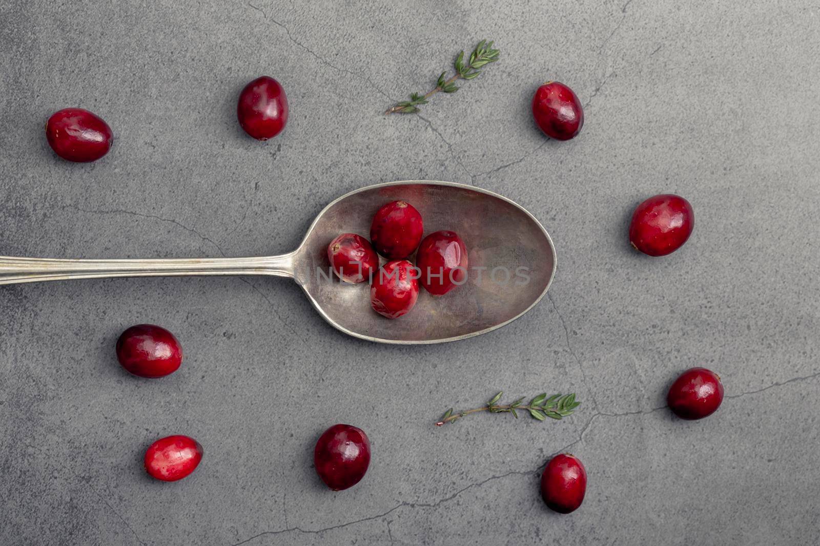 top view cranberries with spoon by Zahard