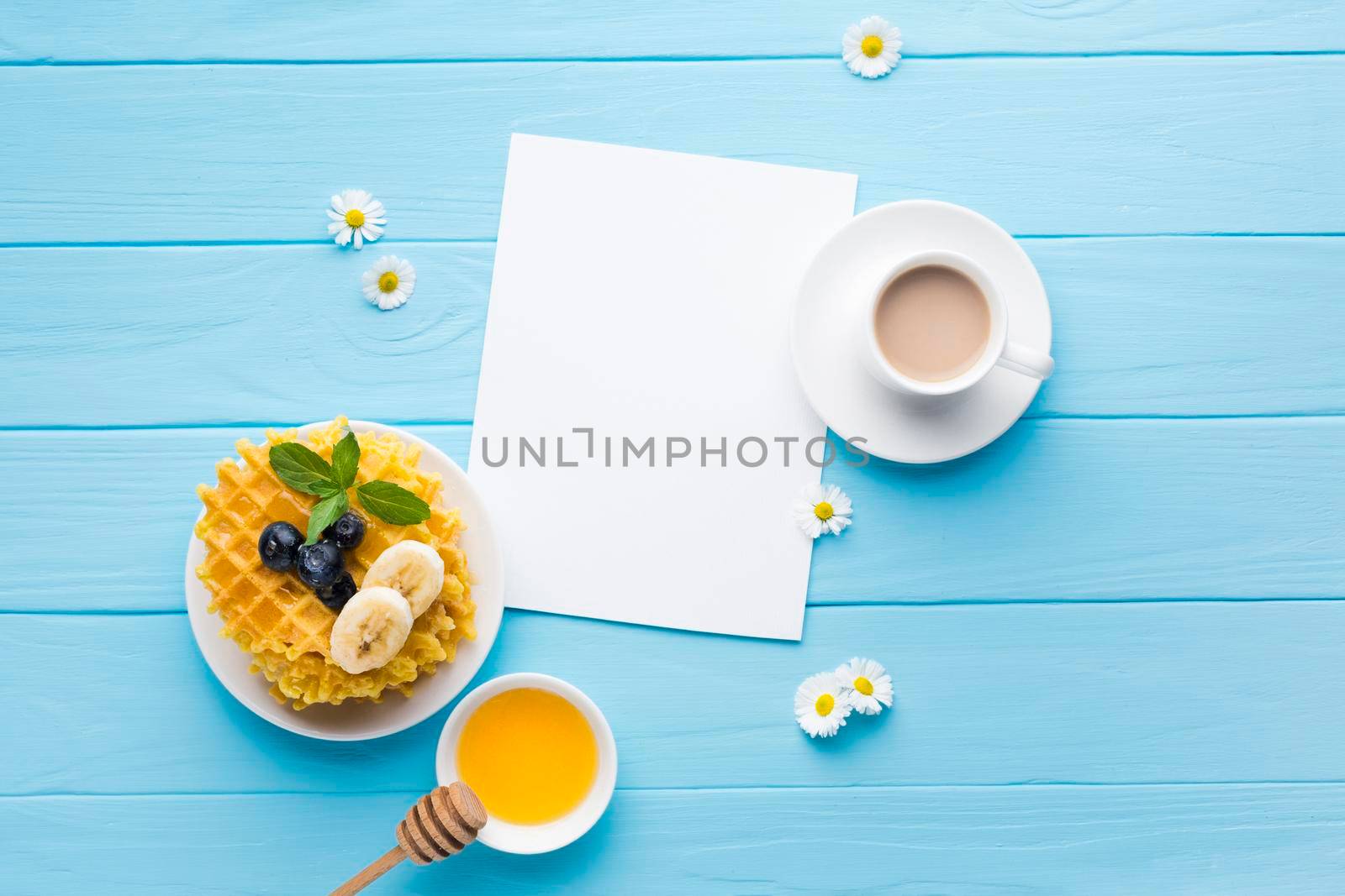 flat lay paper card mockup breakfast table
