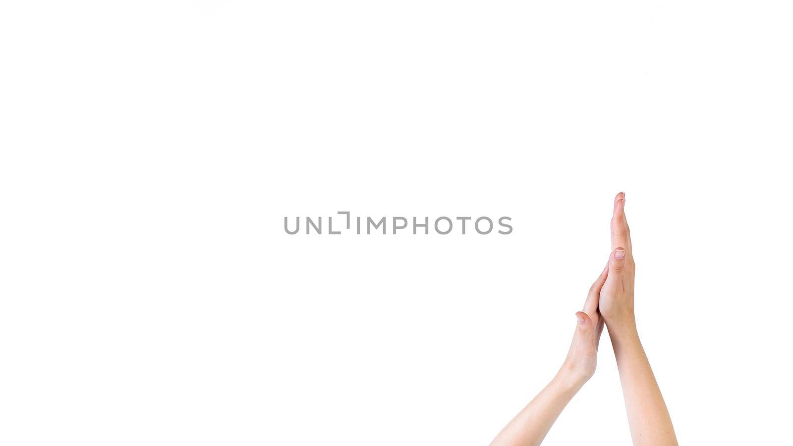 close up woman touching her palm white background