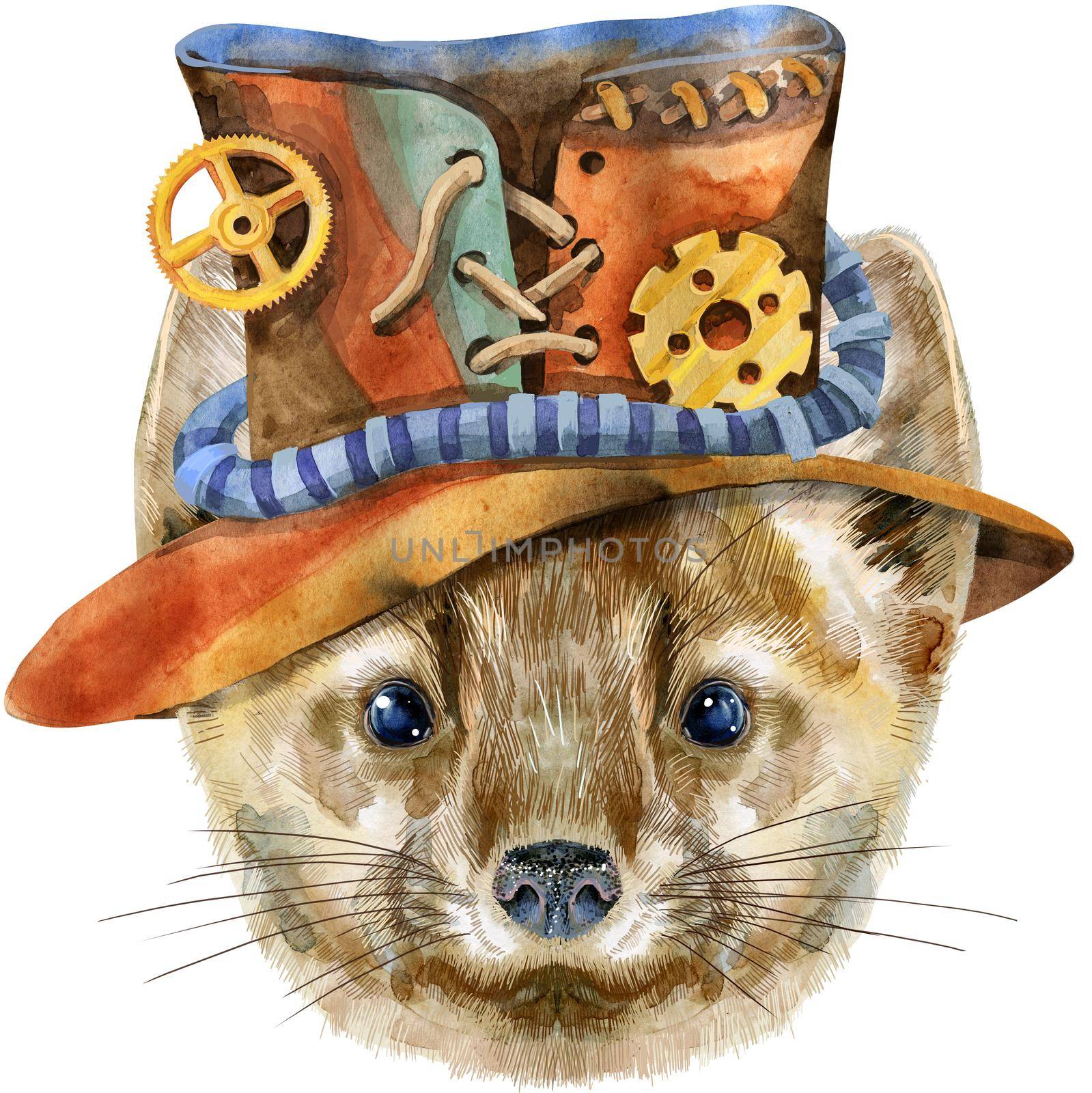 Small, funny, brown sable in steampunk hat on a white background, isolated image, illustration watercolor