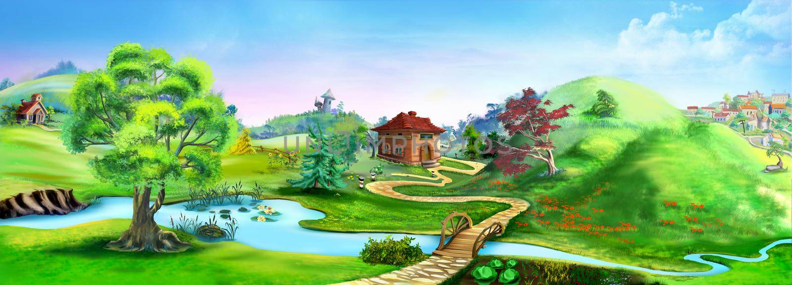 Natural parkland with a river on a suburban village. Digital Painting Background, Illustration.