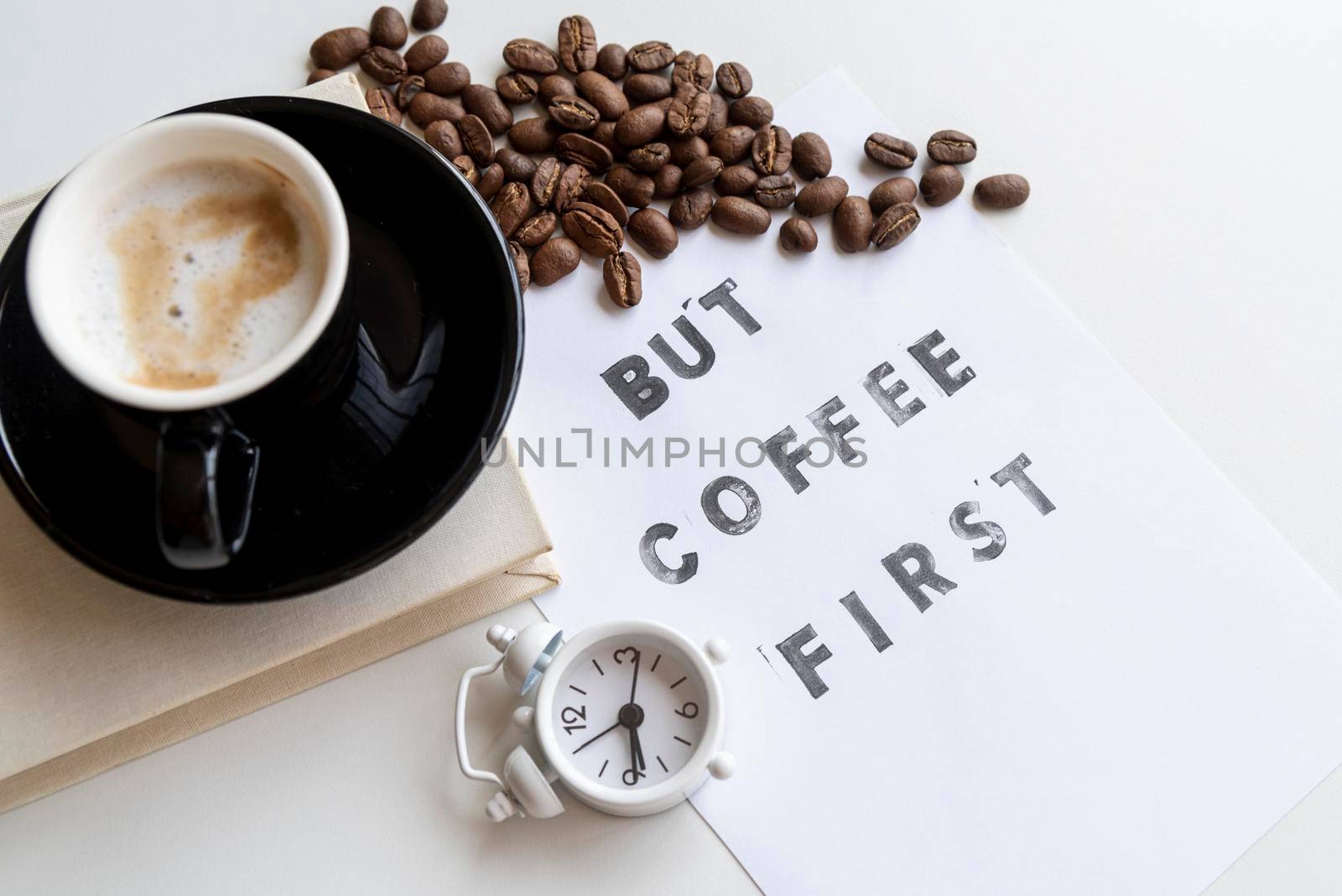 coffee first quote with clock