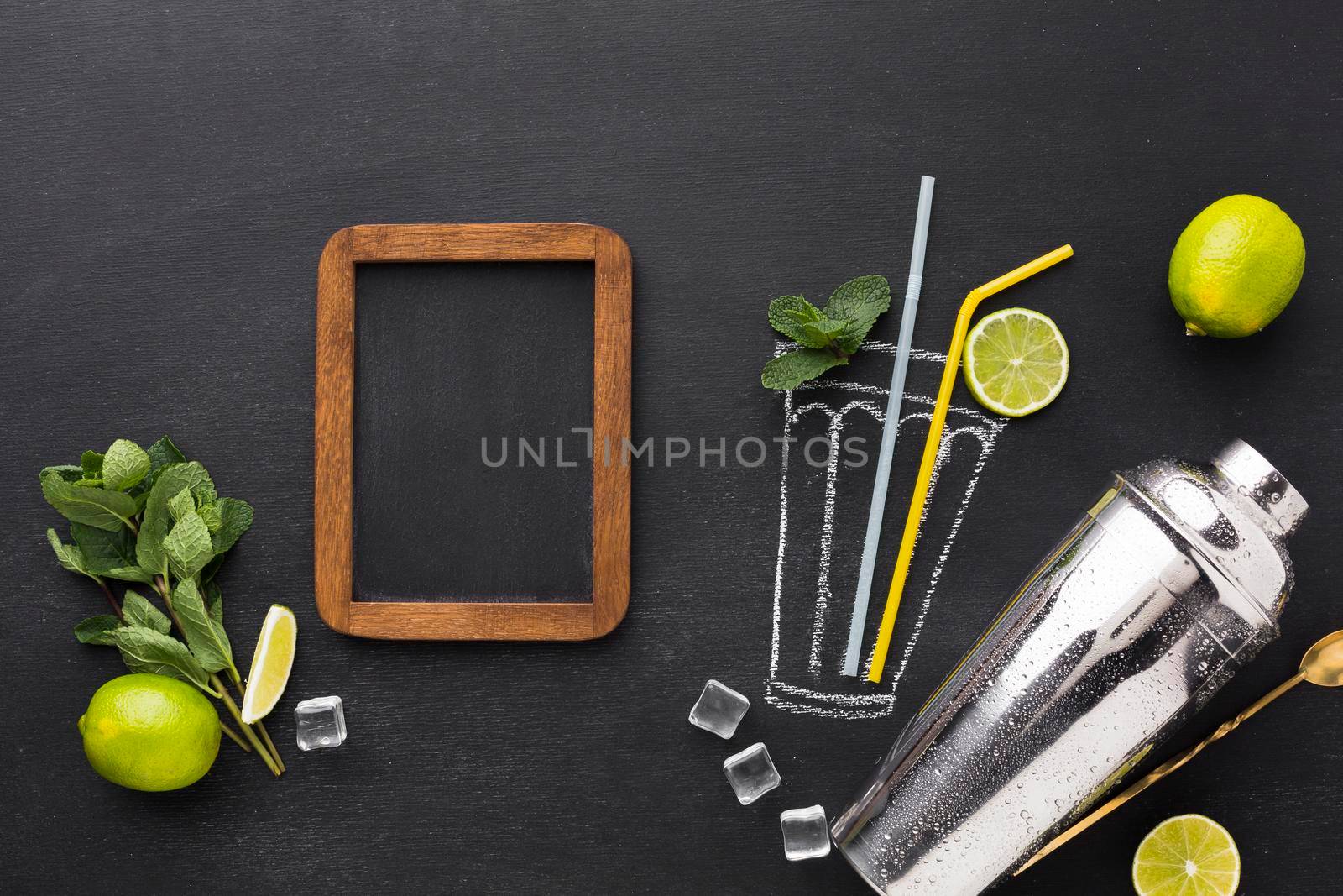 top view drawn cocktail glass with straws blackboard