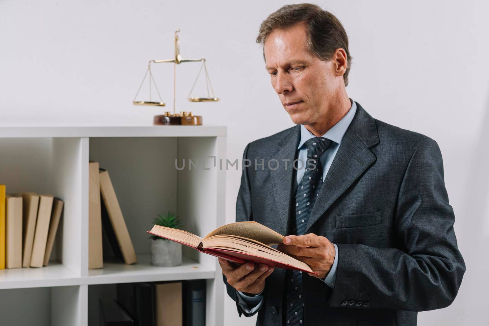 mature male reading legal book courtroom by Zahard