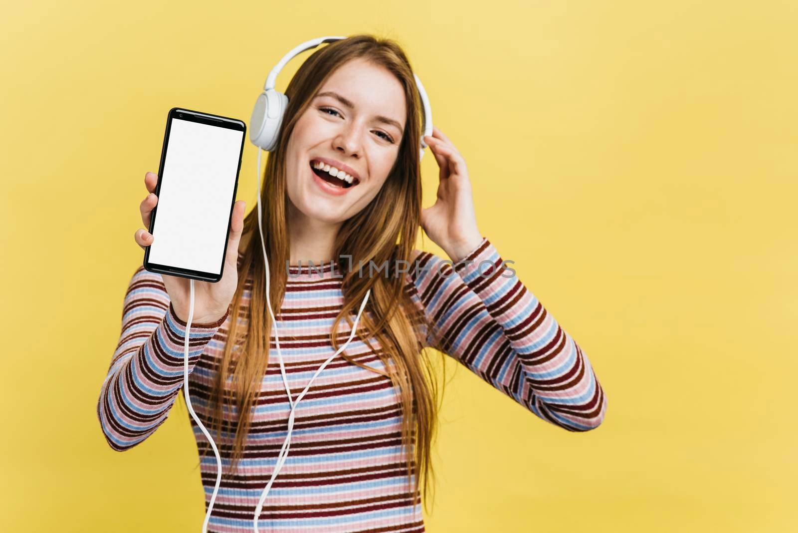 happy woman listening music phone mock up by Zahard