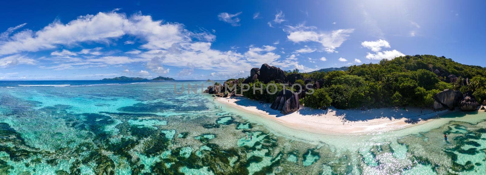 Anse Source d'Argent beach, La Digue Island, Seyshelles, Drone aerial view of La Digue Seychelles bird eye view.of tropical Island