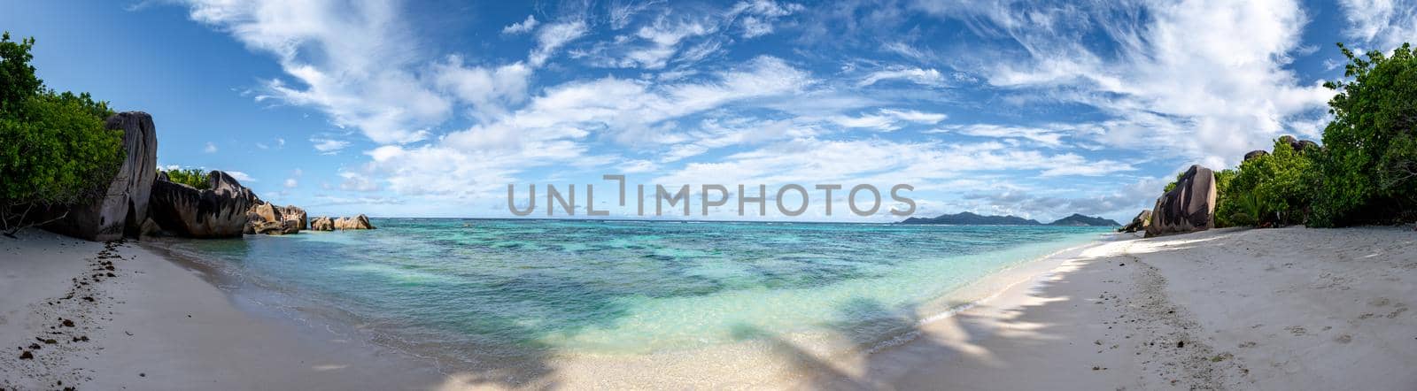 Anse Source d'Argent beach, La Digue Island, Seyshelles, Drone aerial view of La Digue Seychelles bird eye view.of tropical Island