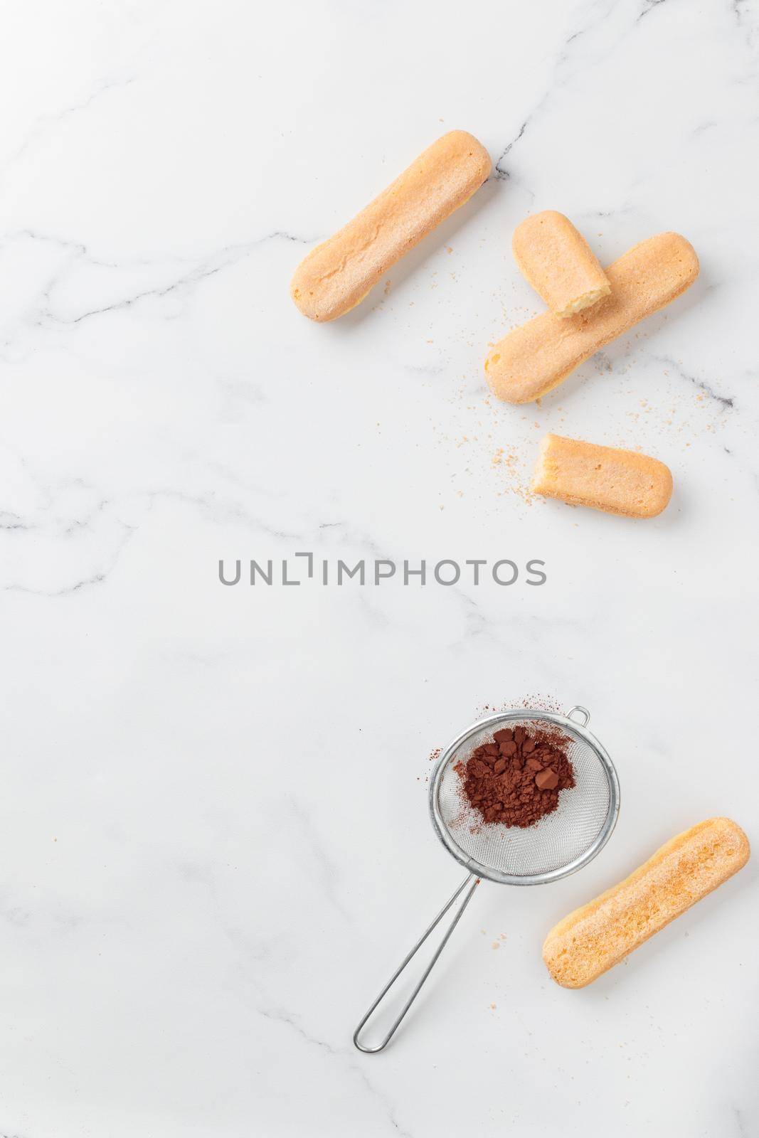 Tiramisu ingredients: Italian cookie savoiardi and cocoa powder top view on a white background