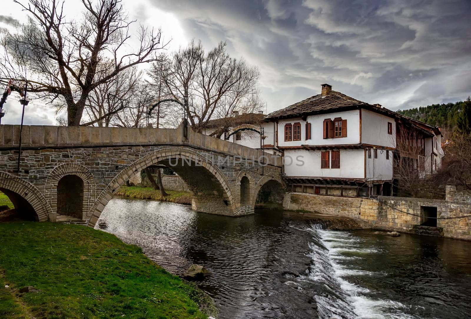 National revival bulgarian architecture. The famous bridge and house in the architectural complex in Tryavna, Bulgaria.
