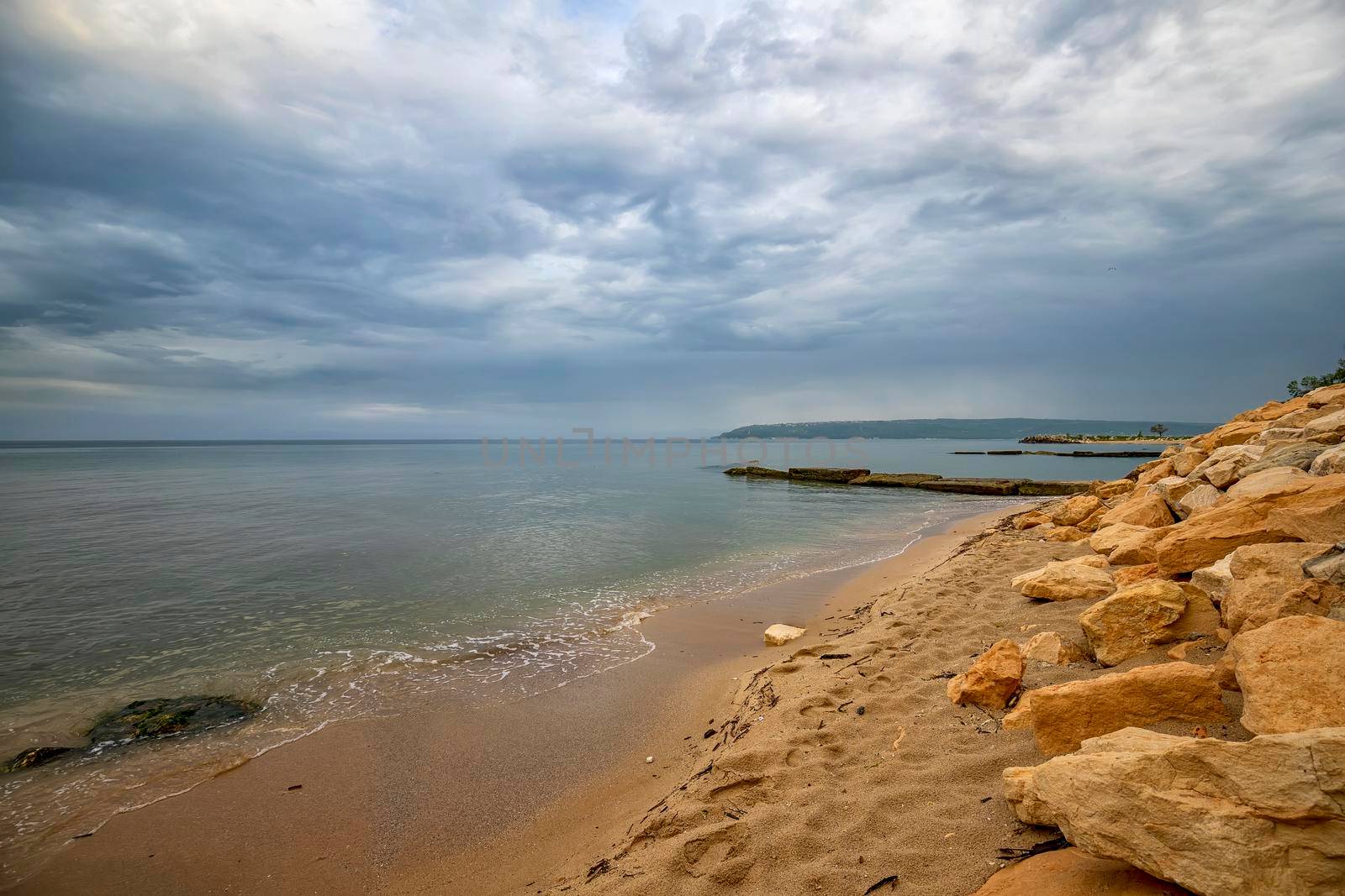Beauty sea rocky coast with many stones on the shore. Black sea. Varna, Bulgaria
