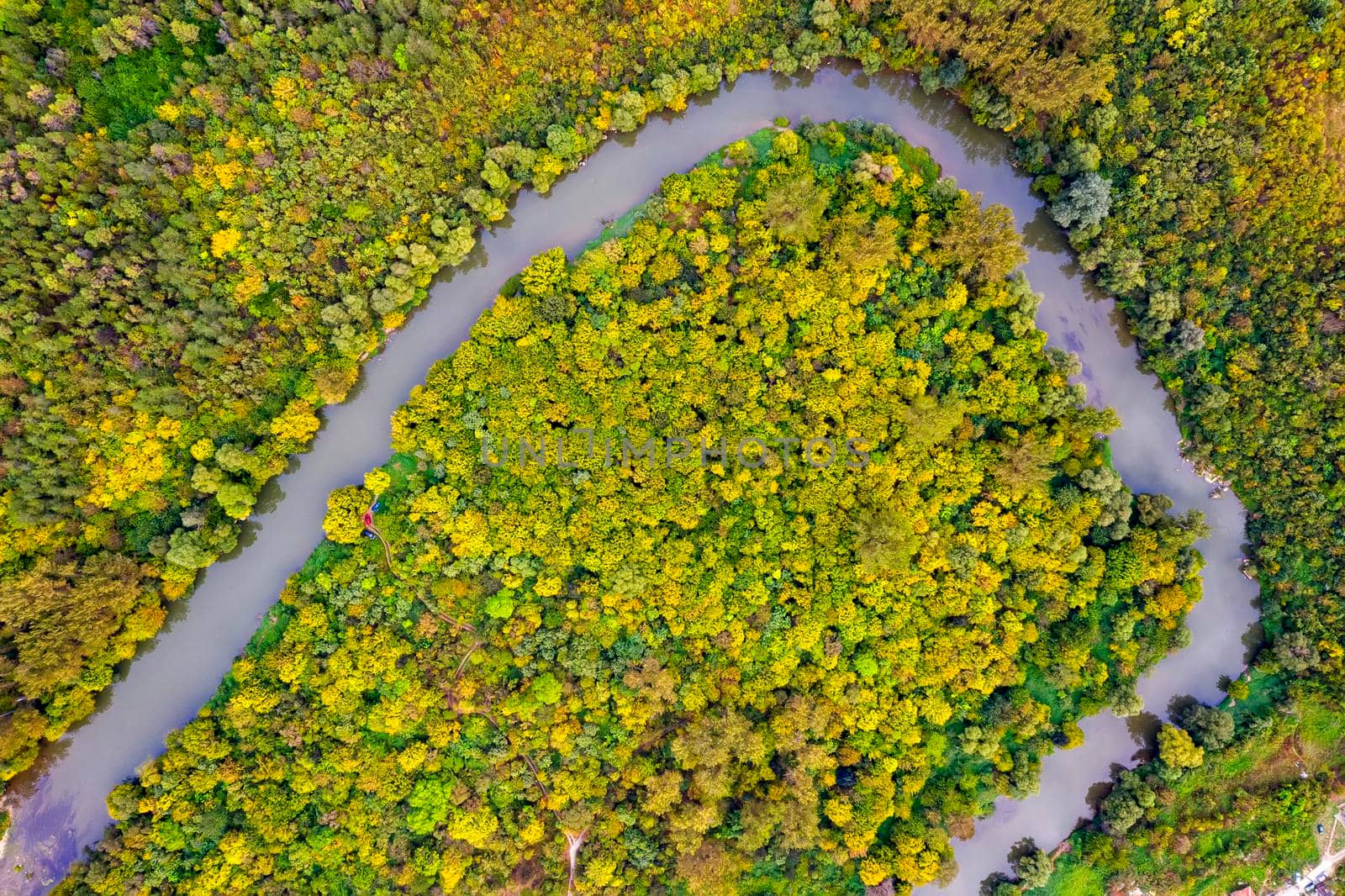 Aerial View Of Autumn Forest And River Curve. Birds Eye View