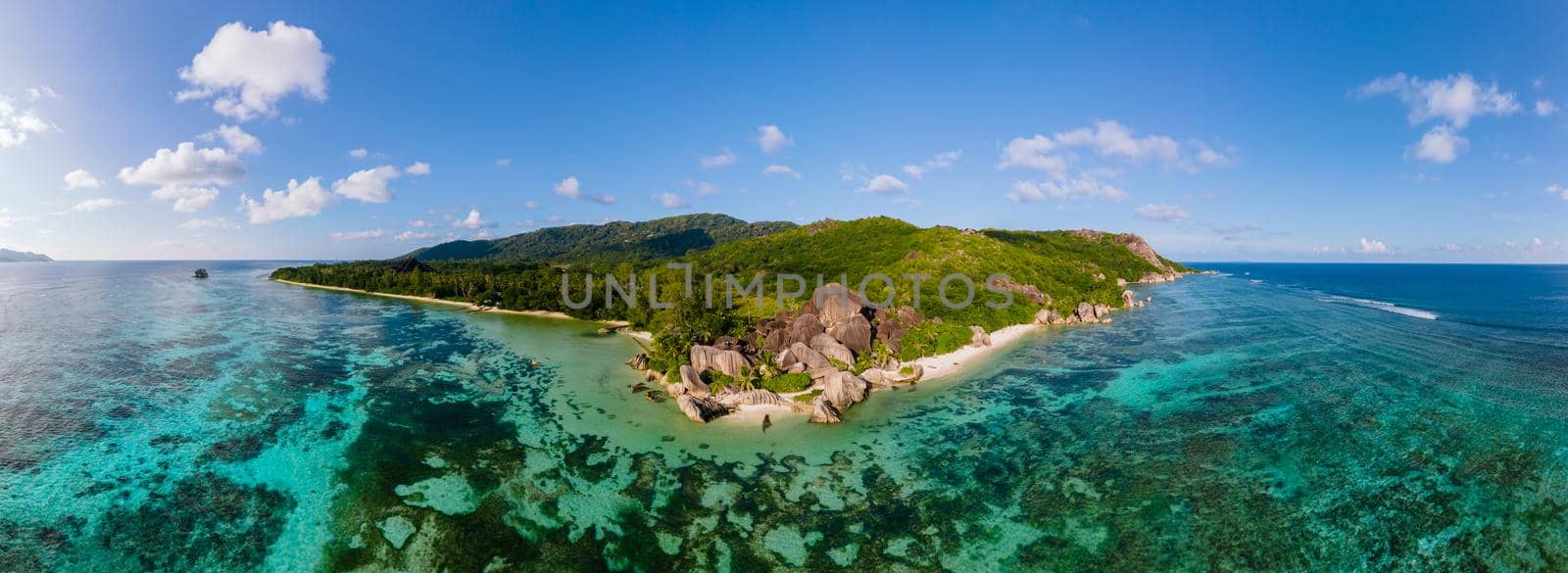 Anse Source d'Argent beach, La Digue Island, Seyshelles, Drone aerial view of La Digue Seychelles bird eye view by fokkebok