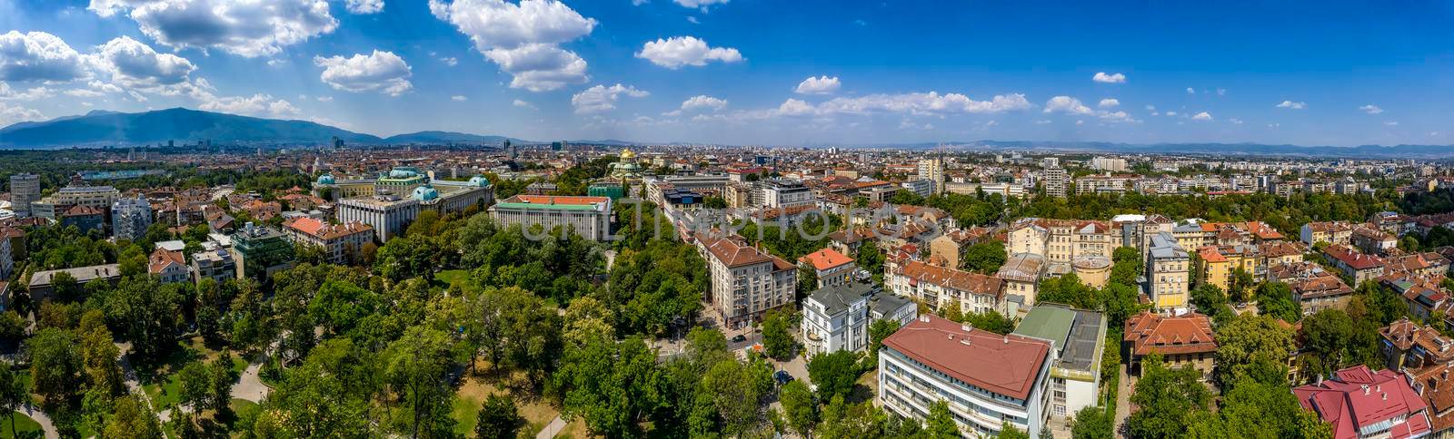 Amazing aerial panorama from a drone of city Sofia, Bulgaria