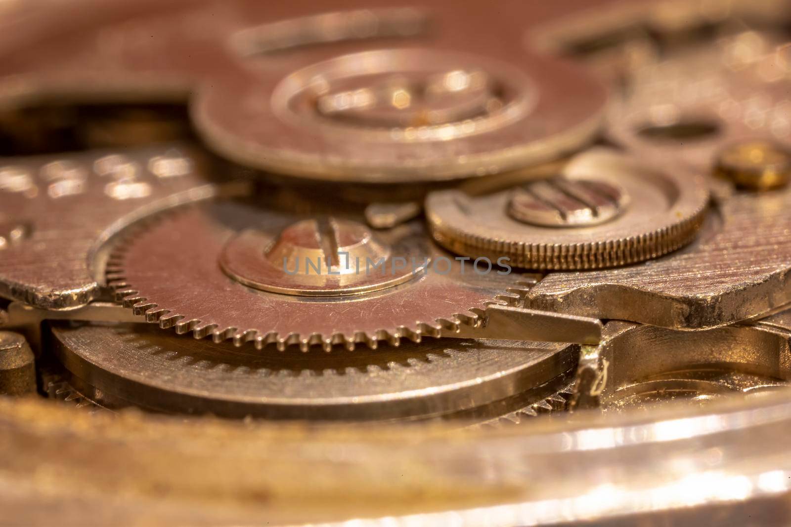 Macro shot of clockwork gears inside the watch
