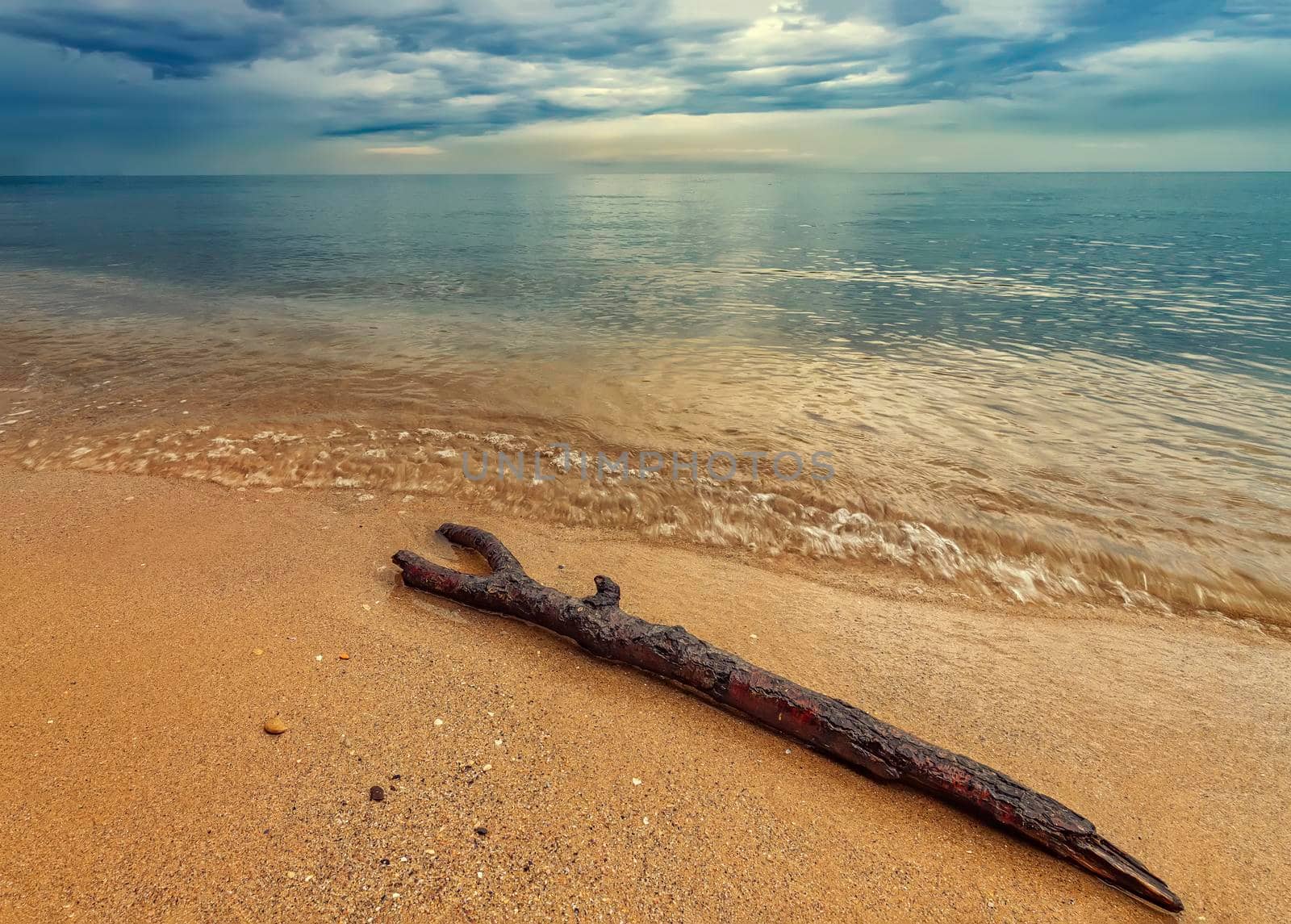 Seascape, Superb long exposure sunrise view with a log at the Black Sea coast, Bulgaria