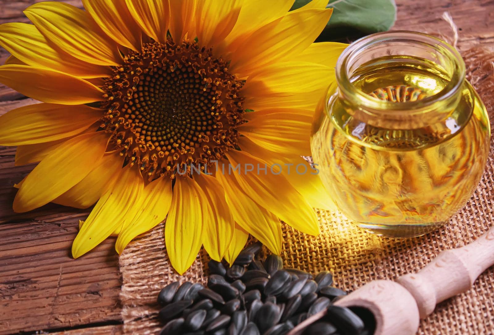 Sunflower seeds and oil bottle on old wooden background. Selective focus. by mila1784