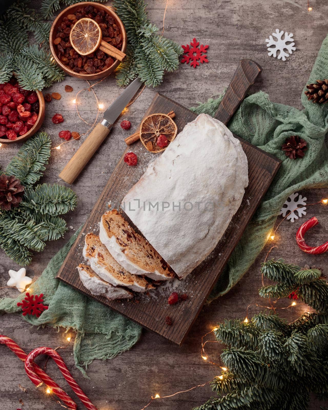 Traditional christmas Shtollen cake on a gray background