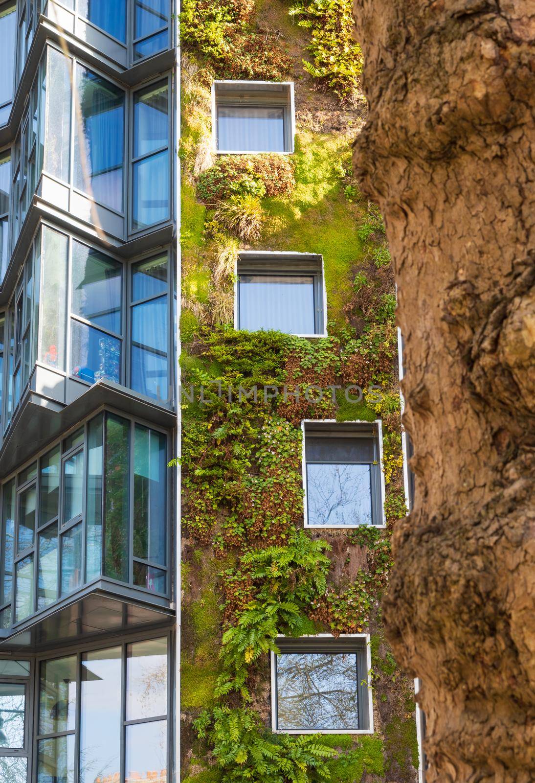 Urban facade, vertical green garden in architecture. Ecological building in Rennes, France