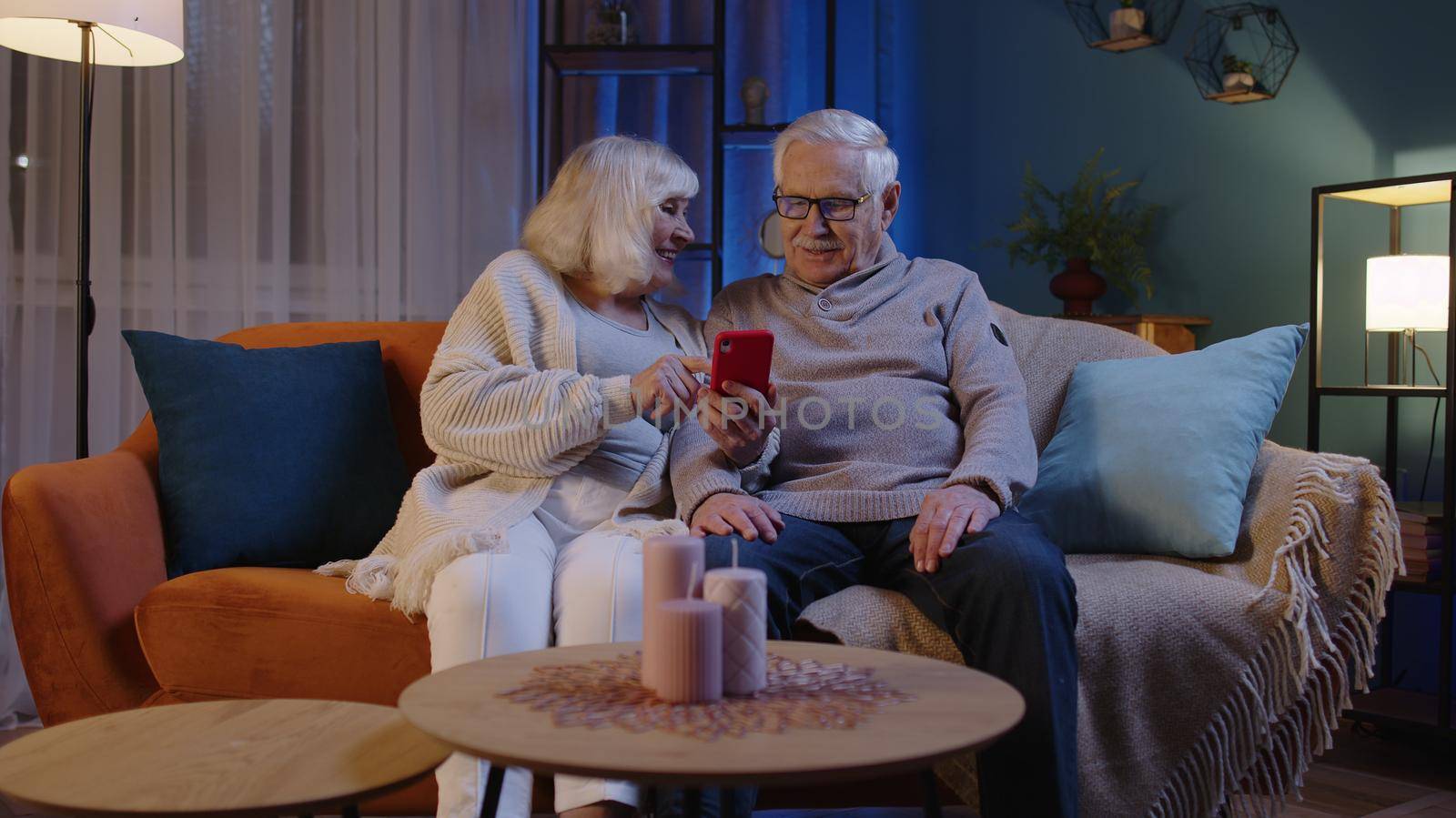 Senior couple grandfather grandmother making online shopping on mobile phone sitting at home sofa by efuror