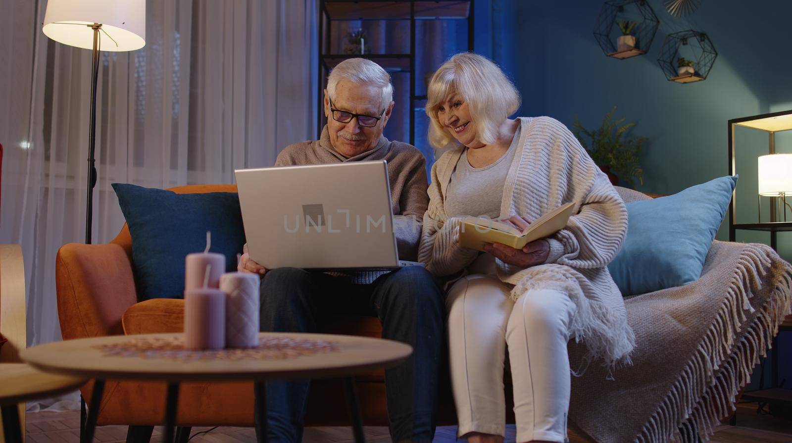 Happy senior grandparents couple relaxing enjoying leisure hobbies on couch in living room at home, elderly wife grandma reading book while older husband grandpa using laptop pc receiving good news