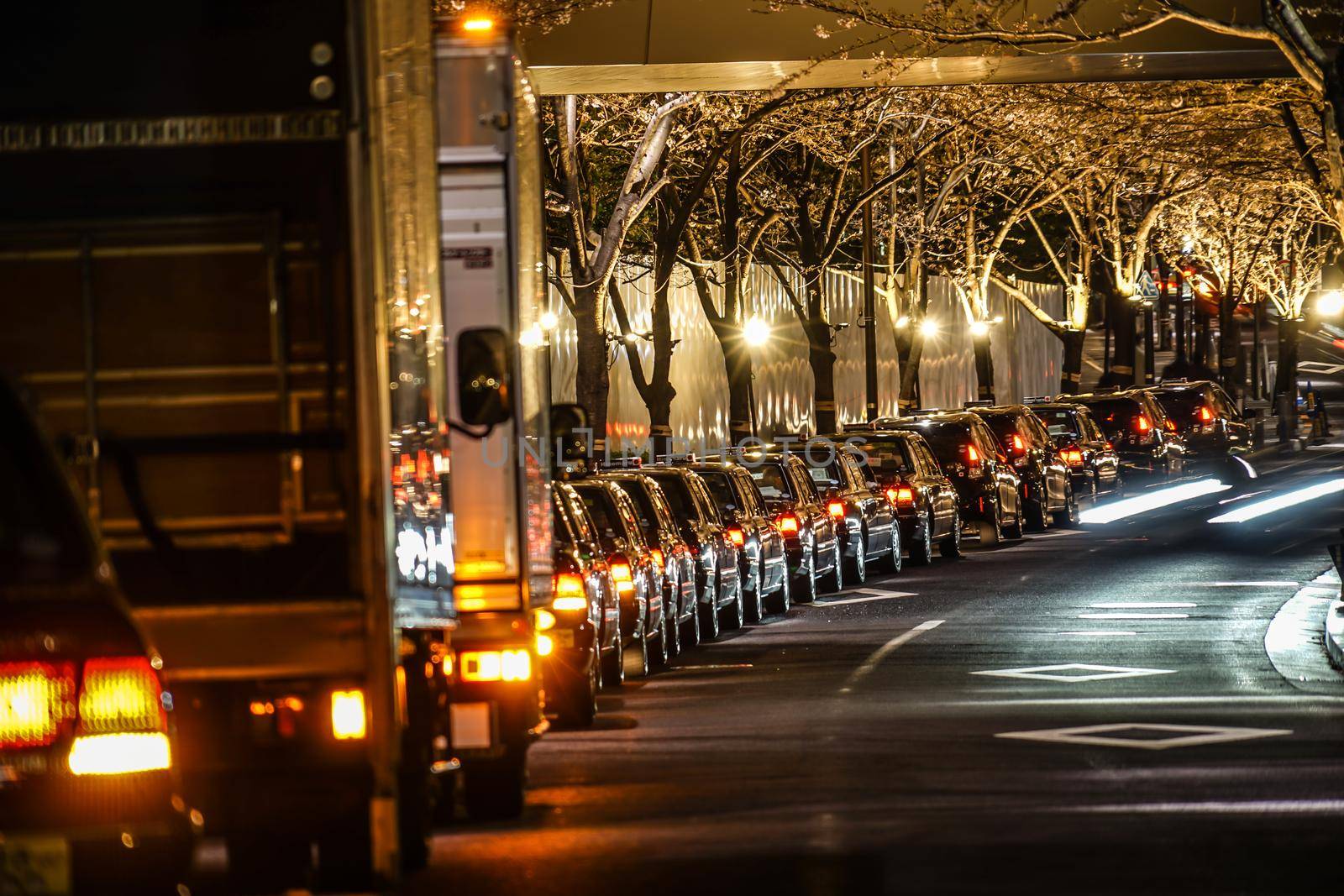 Taxi row stopping on the road shoulder. Shooting Location: Sendai, Miyagi Prefecture