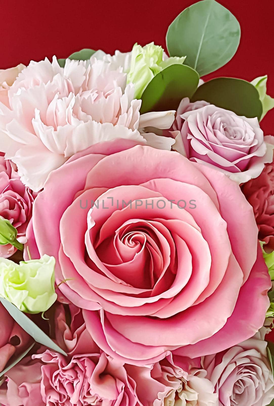 Beautiful bouquet of pink blooming flowers as holiday gift, luxury floral design concept