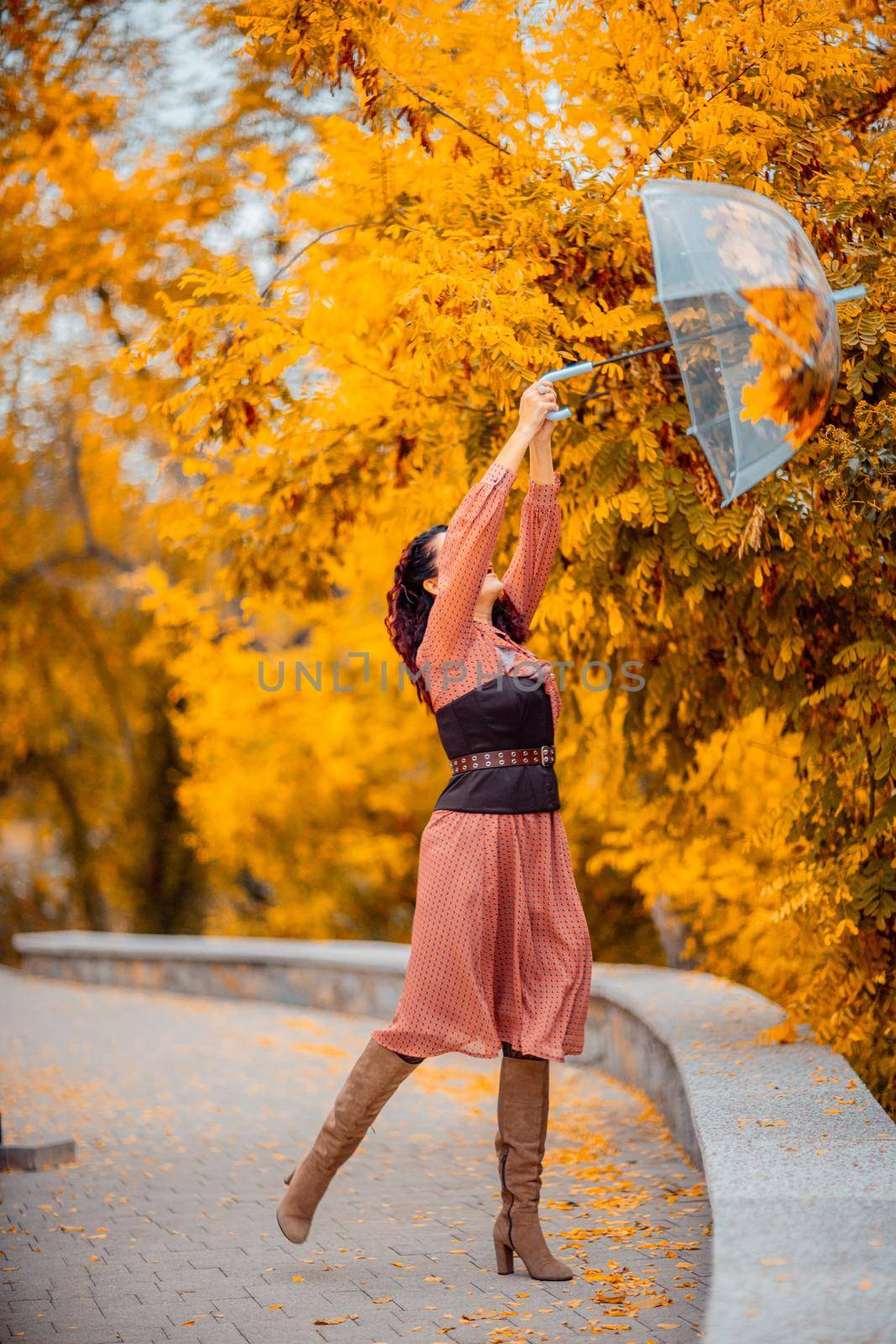 Beautiful girl in a dress with an umbrella in the autumn park. She holds him over her head, autumn leaves are falling out of him by Matiunina