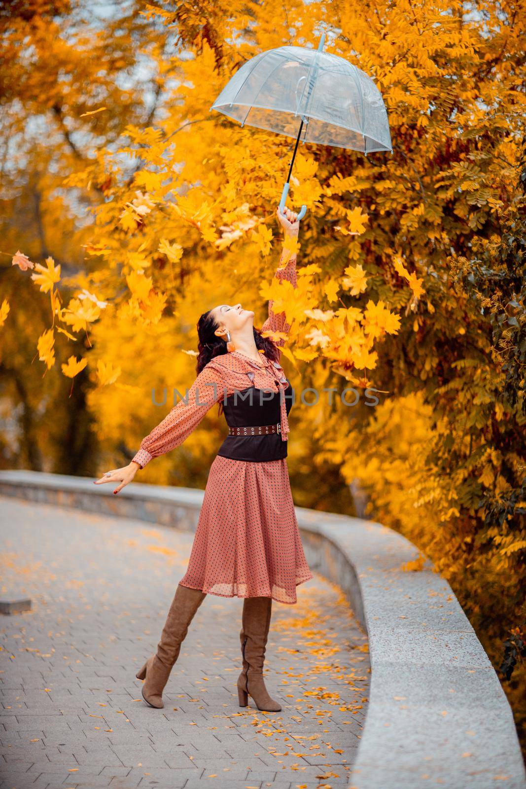 Beautiful girl in a dress with an umbrella in the autumn park. She holds him over her head, autumn leaves are falling out of him.