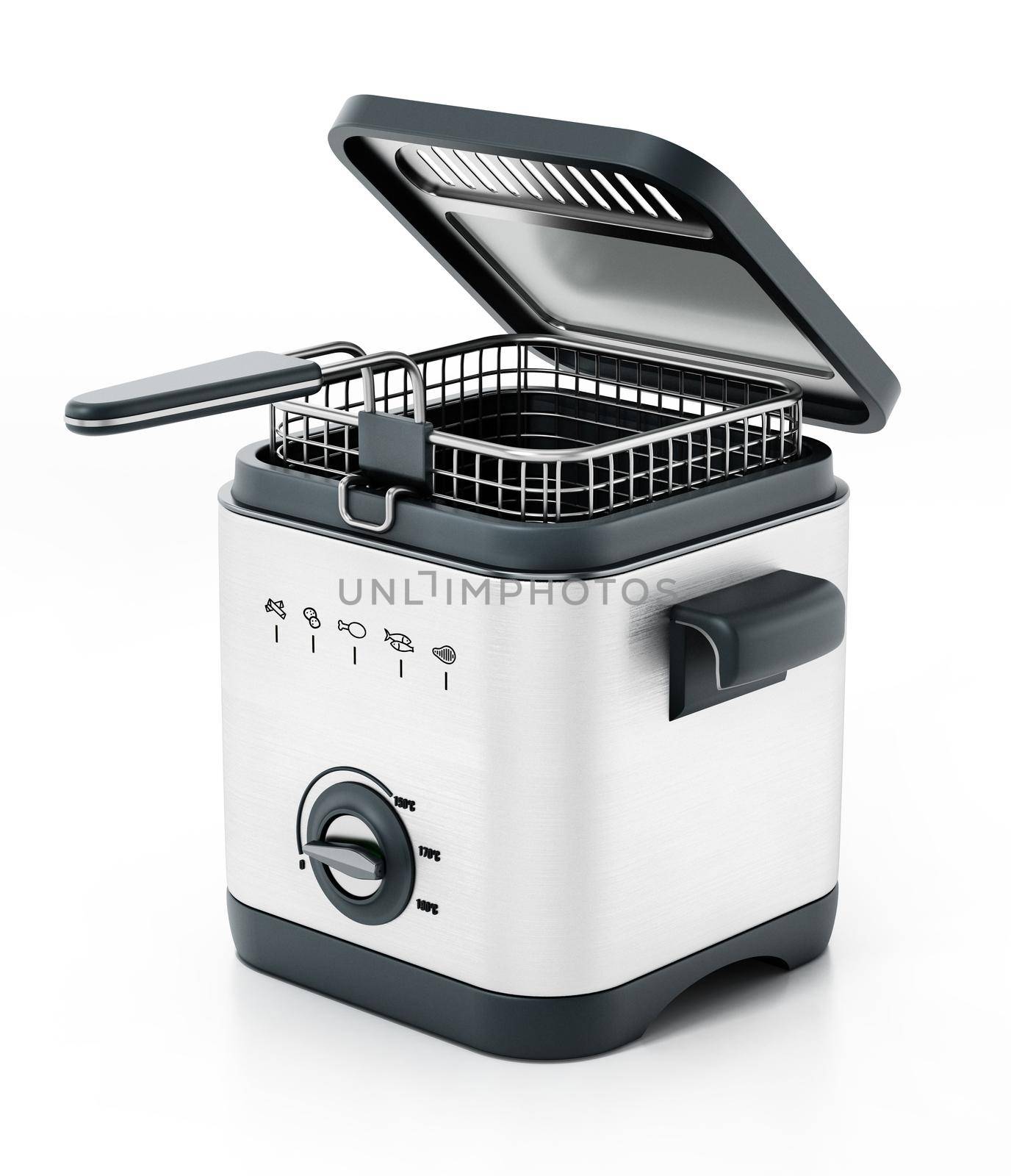 Fryer with open lid isolated on white background. 3D illustration by Simsek