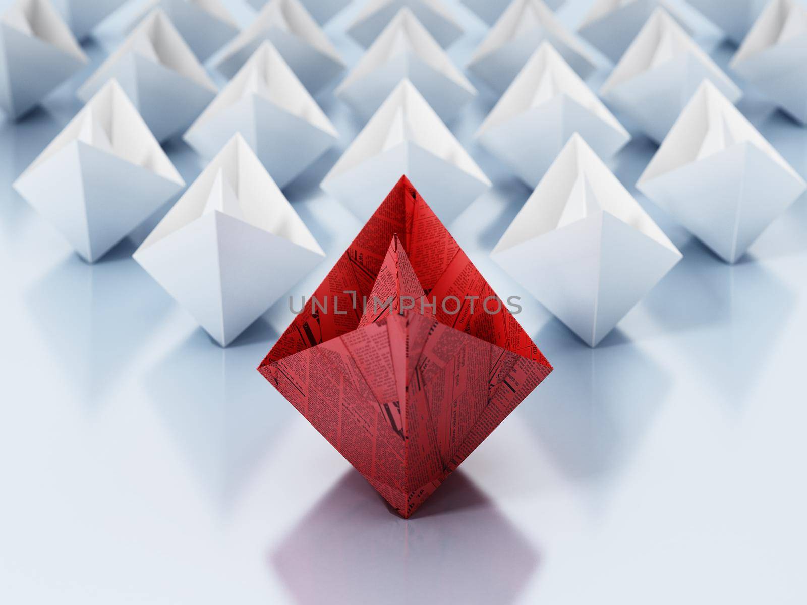 Red paper ship leading white regular paper ships. 3D illustration by Simsek