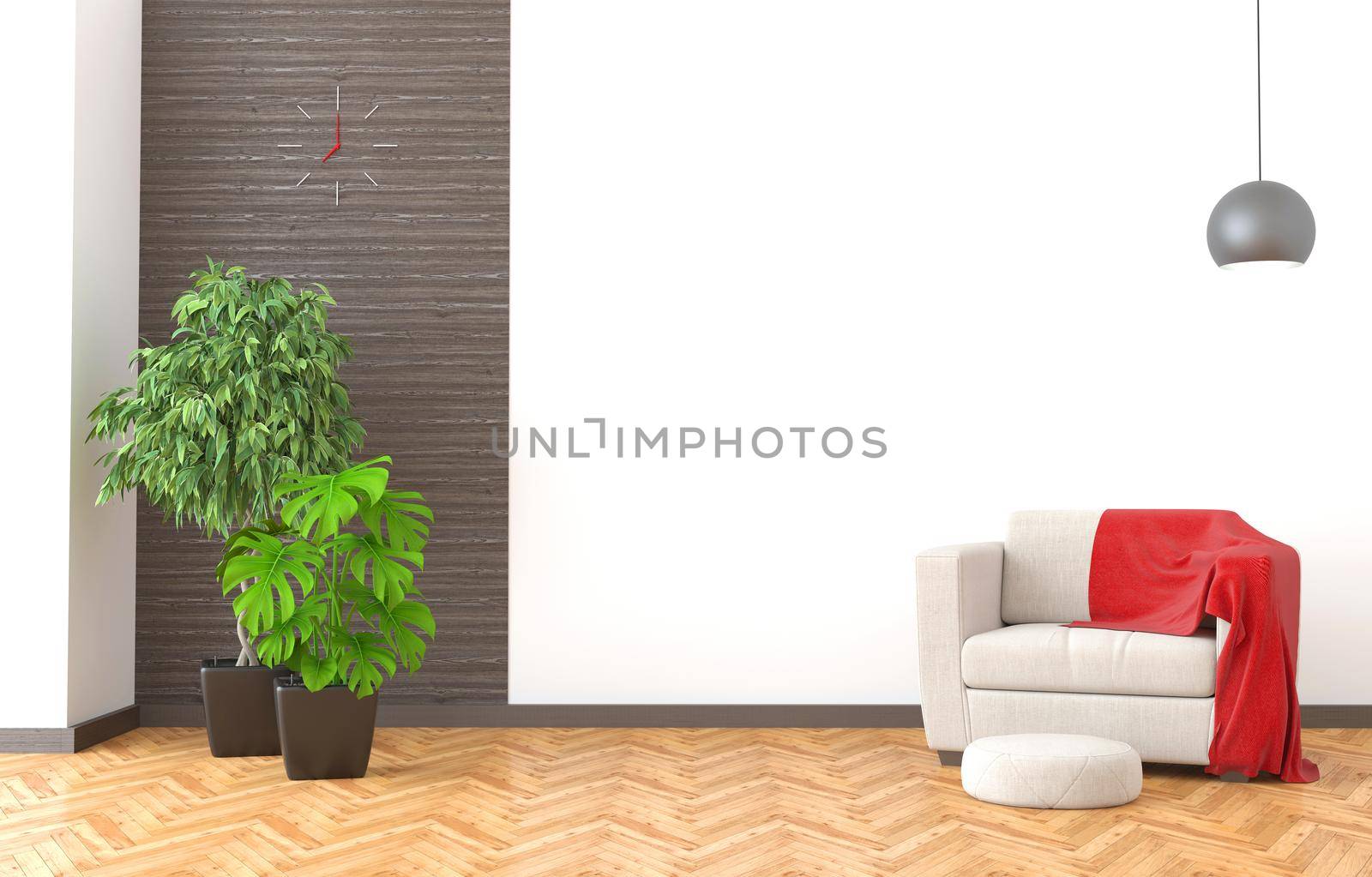 Modern living room, interior with white wall. 3d Illustration