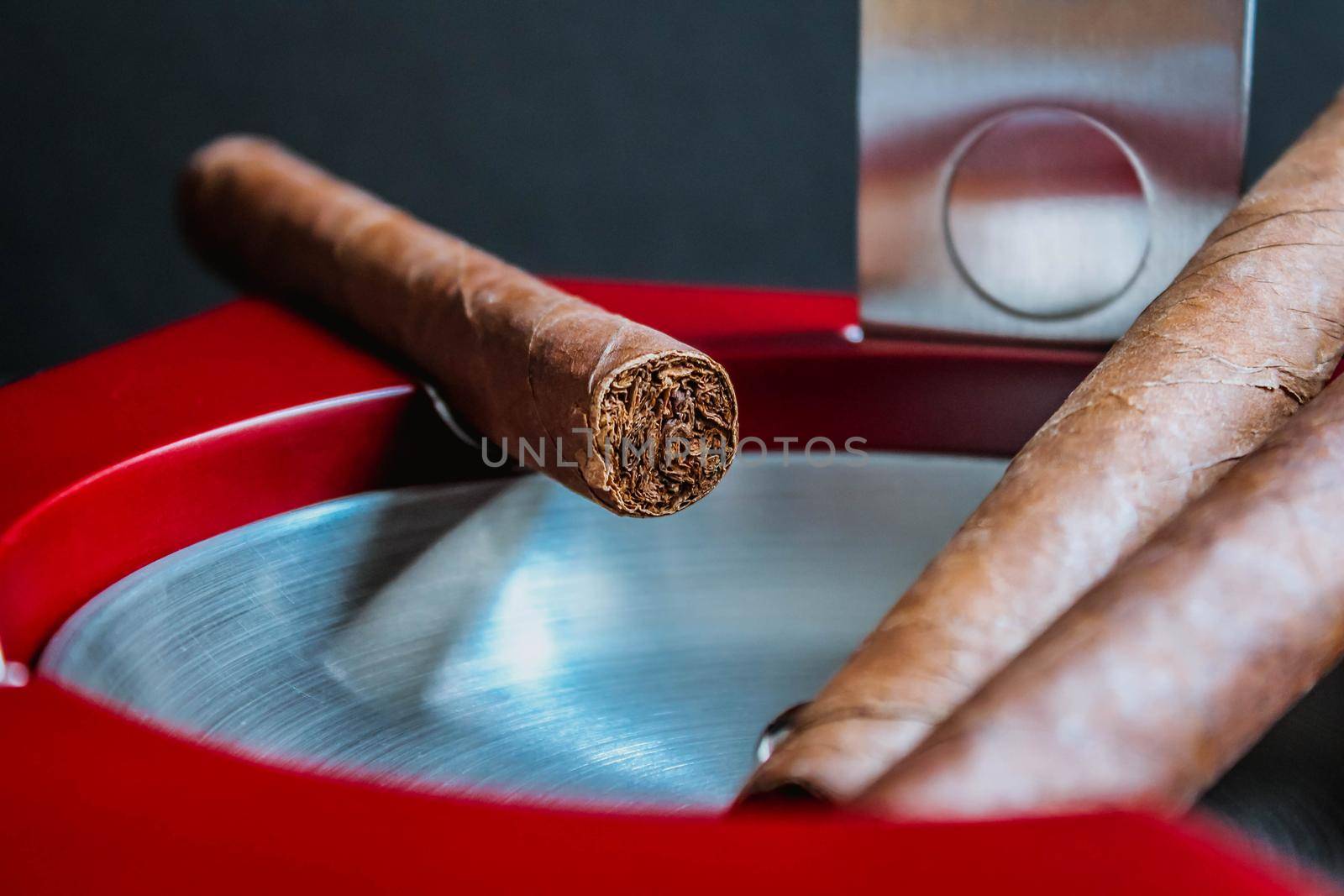 Close view of a cigar on an ashtray with a cutter. Macro shot