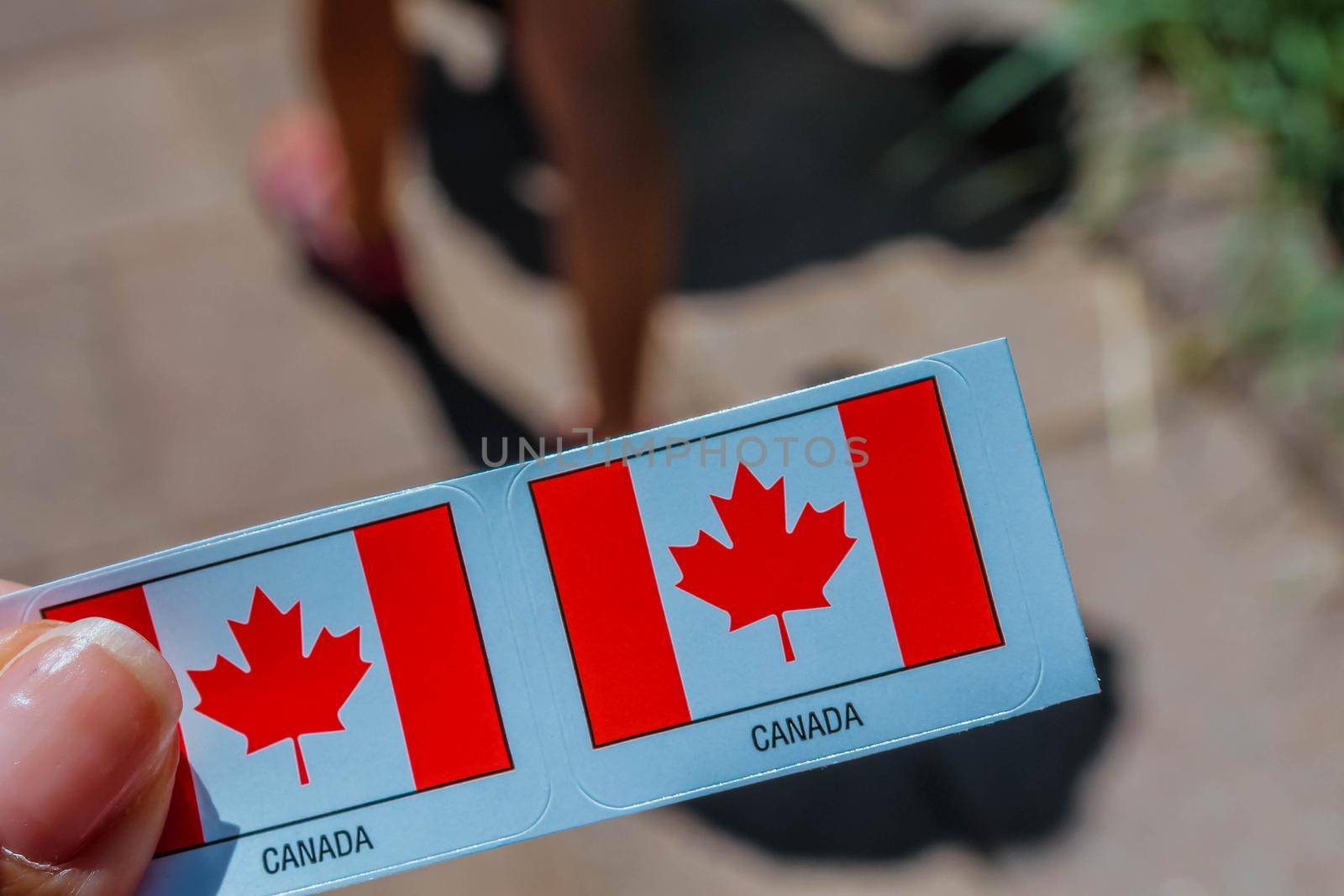 Close view. Canadian flag stickers close up view. Canada day stickers.