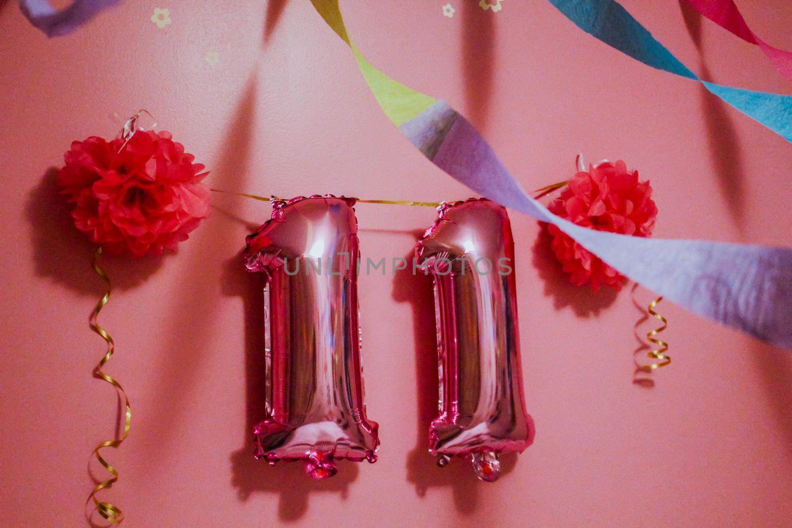 Birthday balloons number. 11 years birthday. Pink wall with balloons and ribbons. by JuliaDorian