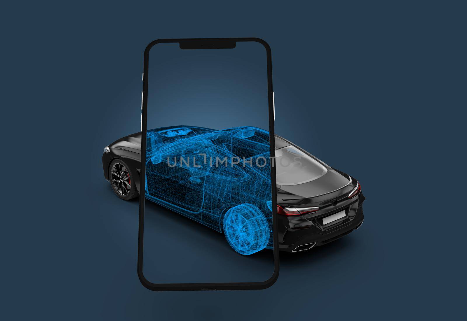 Smartphone scanning black car showing wireframe. 3D Illustration