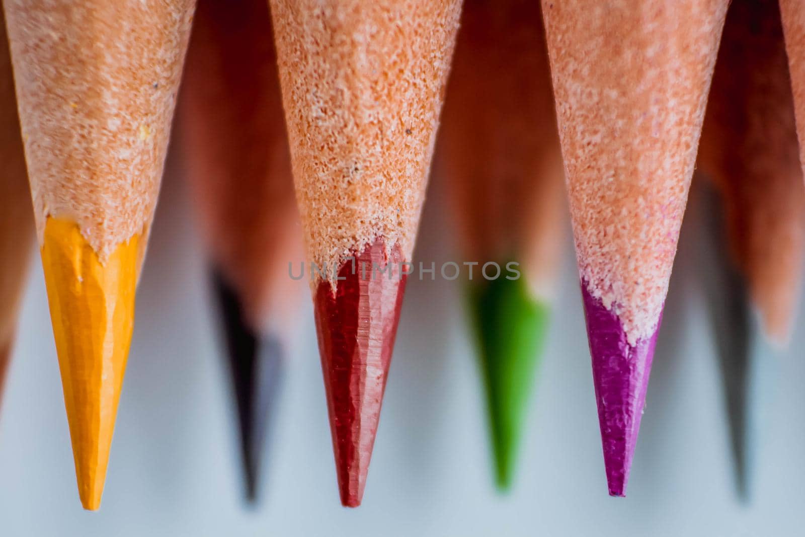 Close up macro shot of color pencil pile pencil nibs on white background. Education or back to school Concept. by JuliaDorian