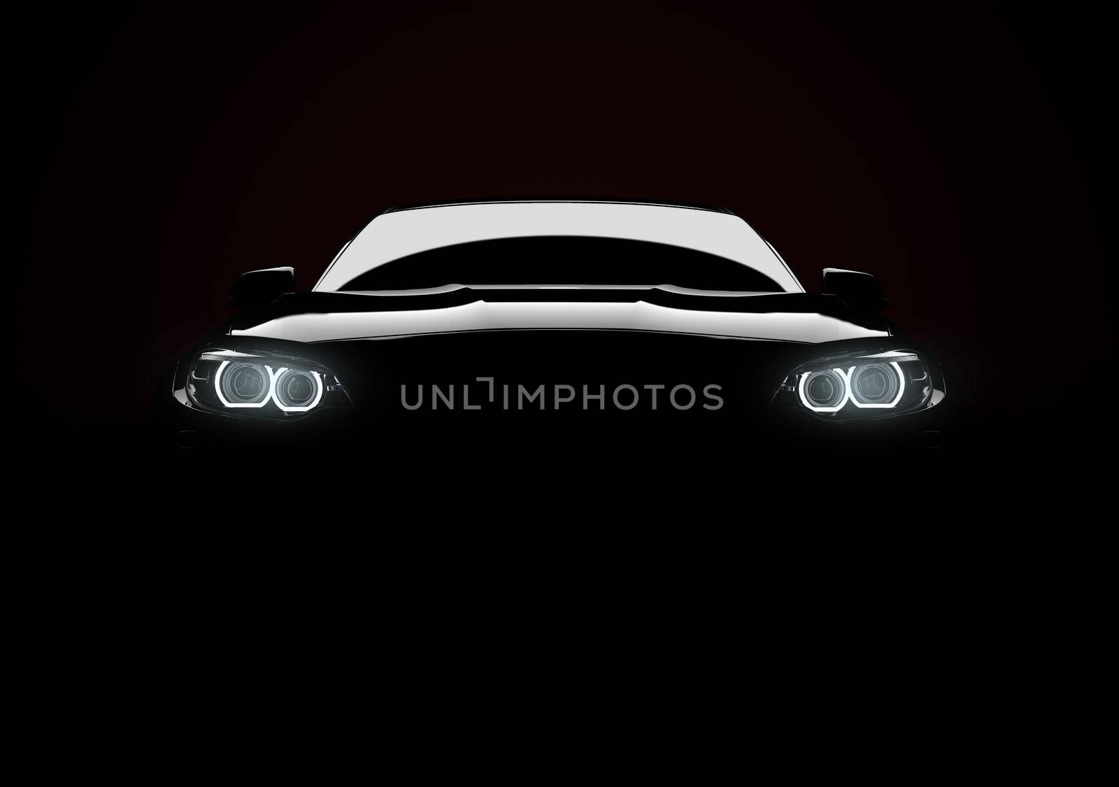 Front view of a generic and brandless modern car with lights on a black background. 3D illustration