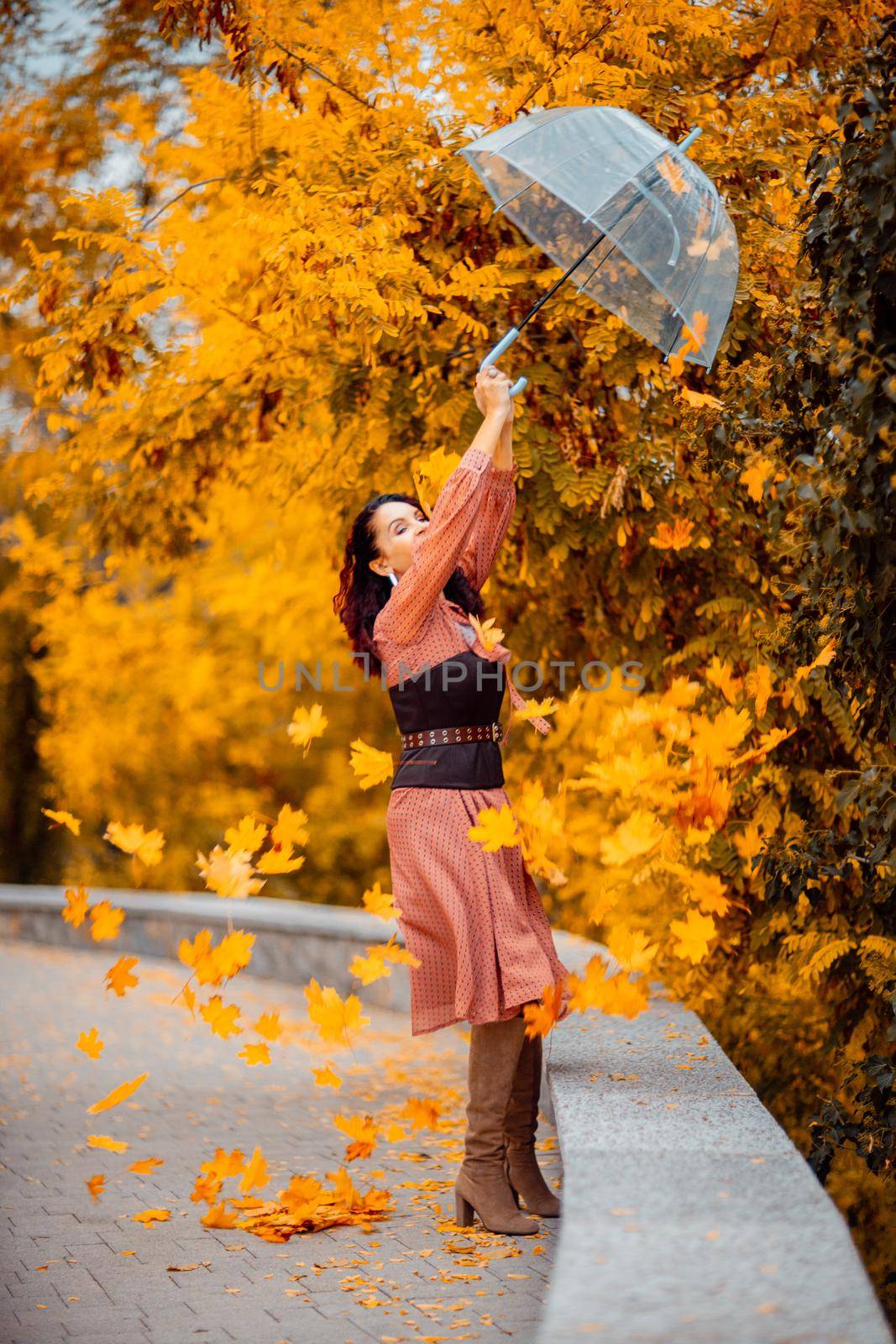 Beautiful girl in a dress with an umbrella in the autumn park. She holds him over her head, autumn leaves are falling out of him by Matiunina