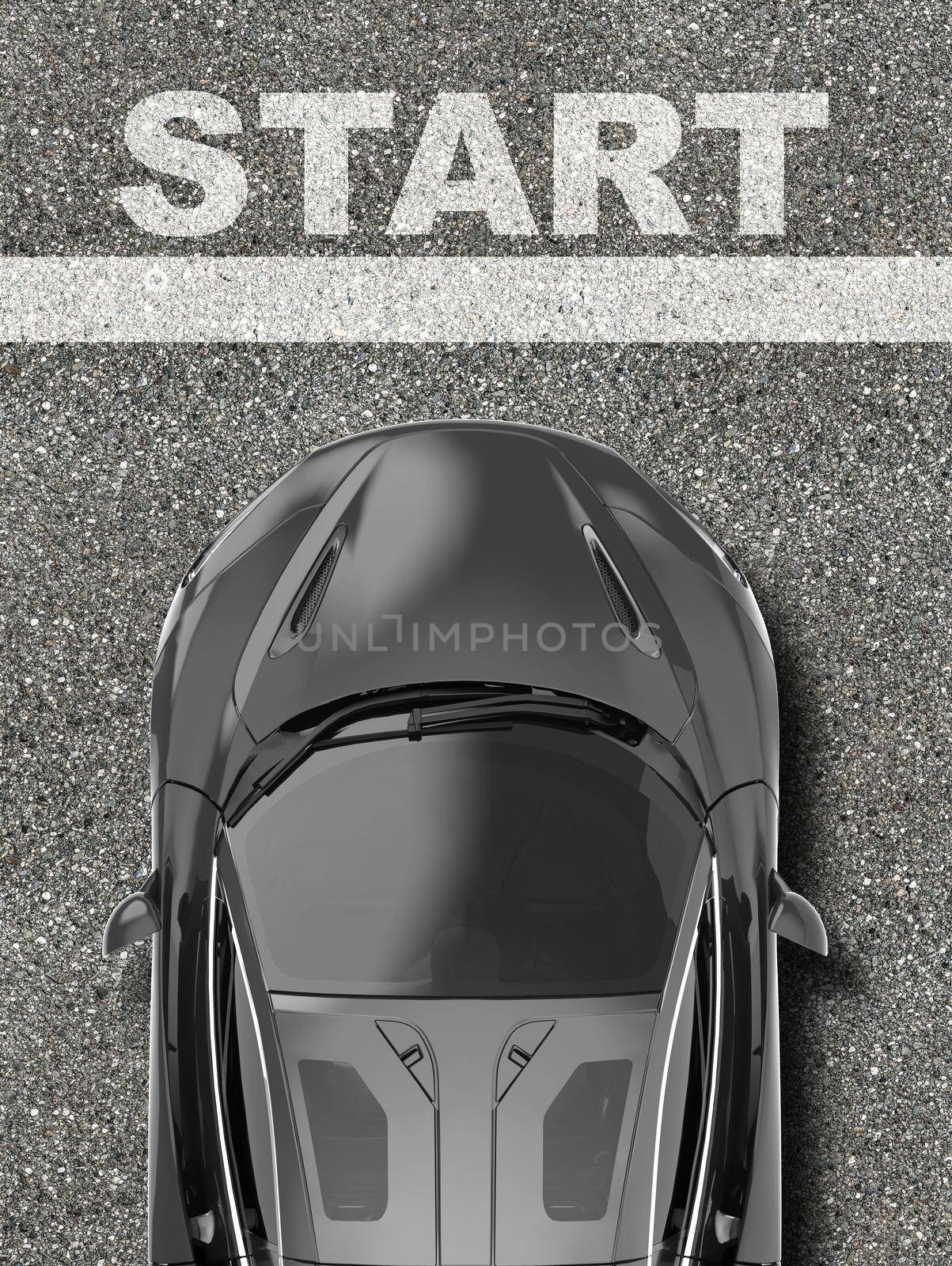 Top of a modern generic brandless sport car on the start: 3D illustration