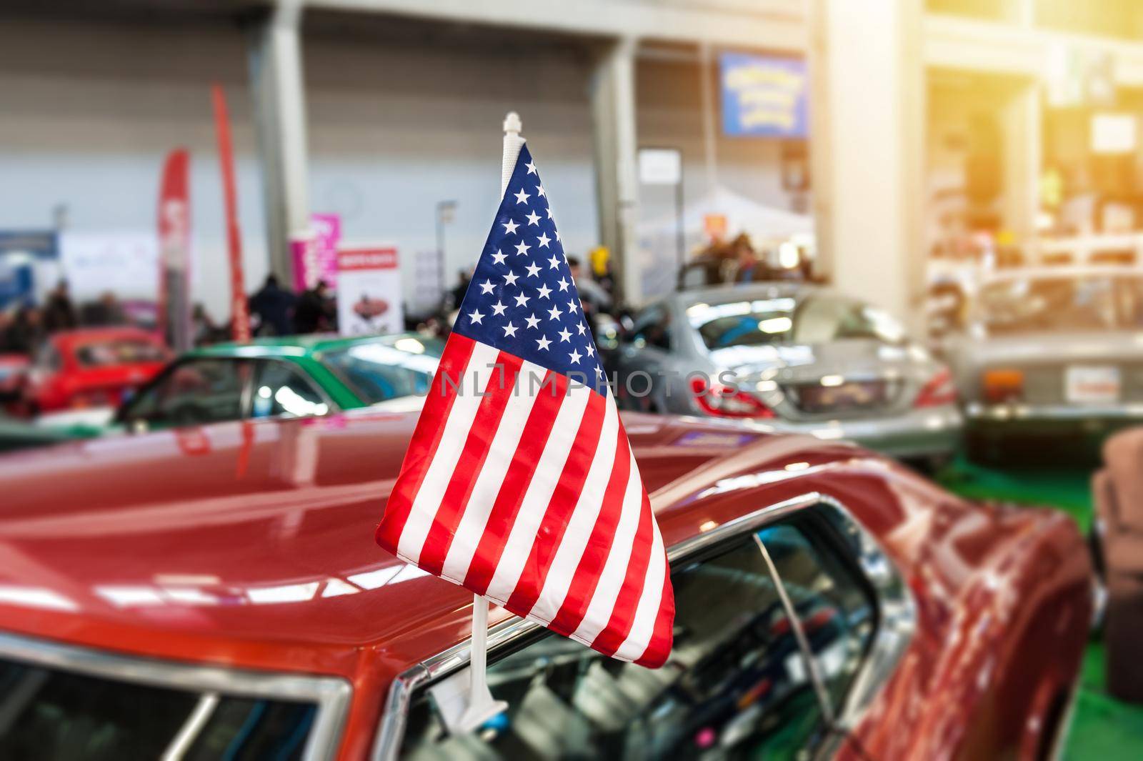 USA flag in a showroom with sunlight