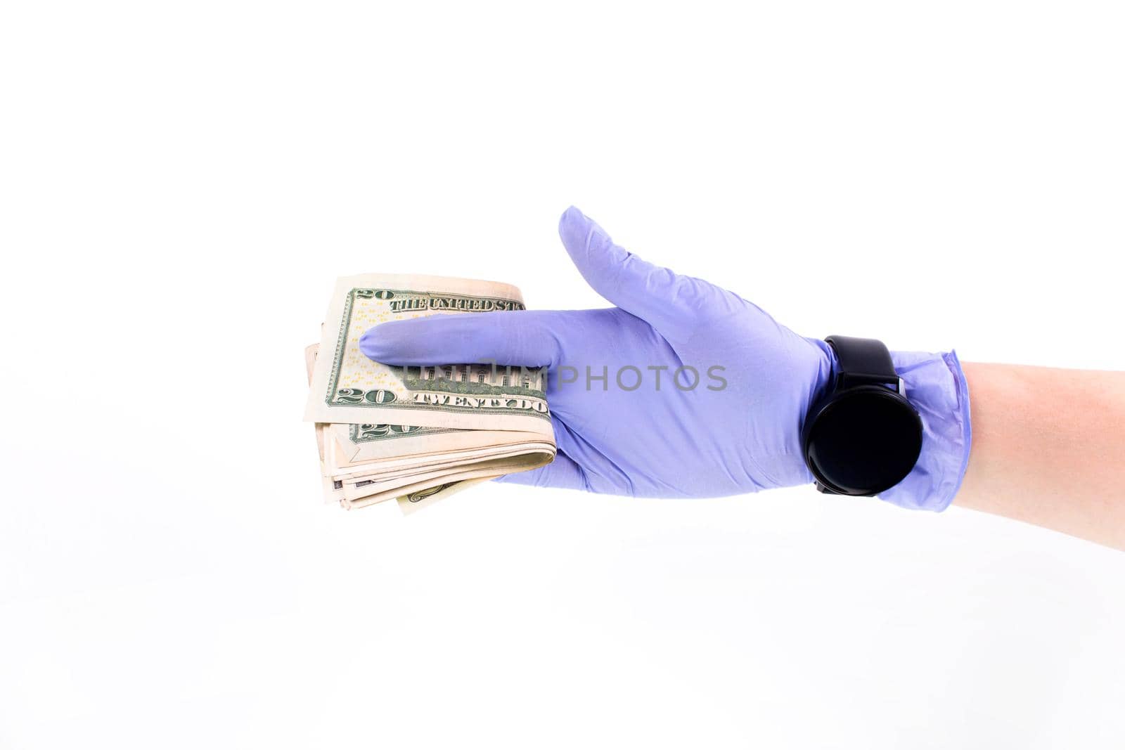 World money concept, hand with gloves receiving, giving or holding USD banknote. Hand with smart watch holding money by JuliaDorian