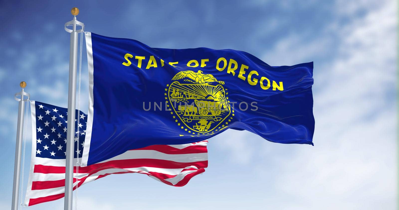 The Oregon state flag waving along with the national flag of the United States of America by rarrarorro