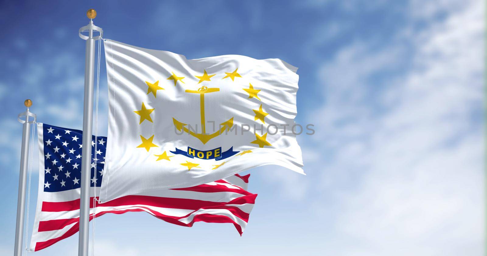 The Rhode Island state flag waving along with the national flag of the United States of America by rarrarorro