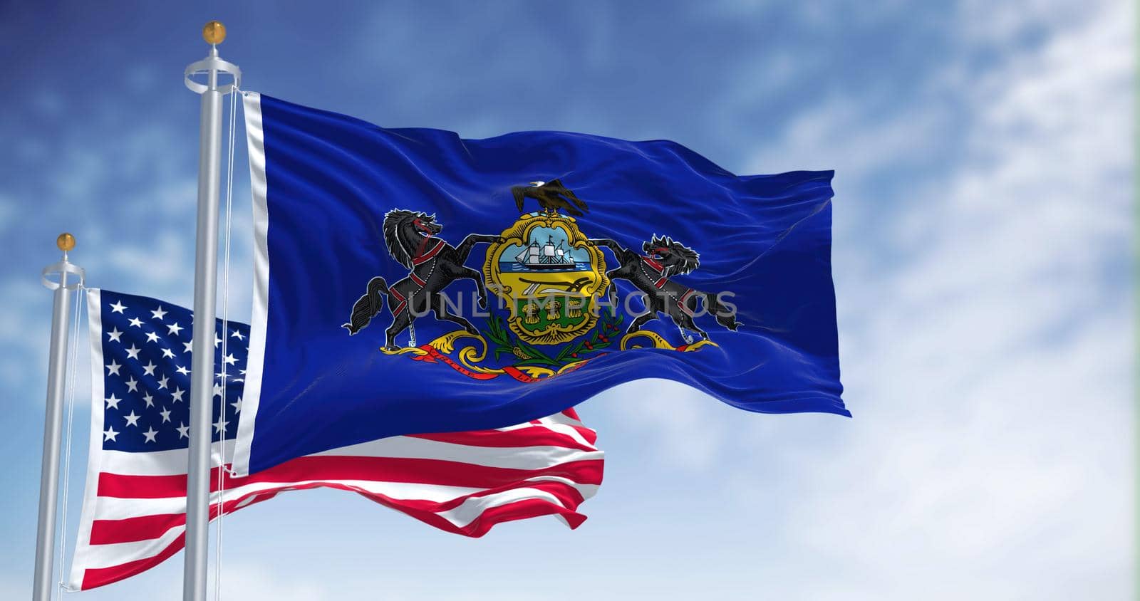 The Pennsylvania state flag waving along with the national flag of the United States of America by rarrarorro