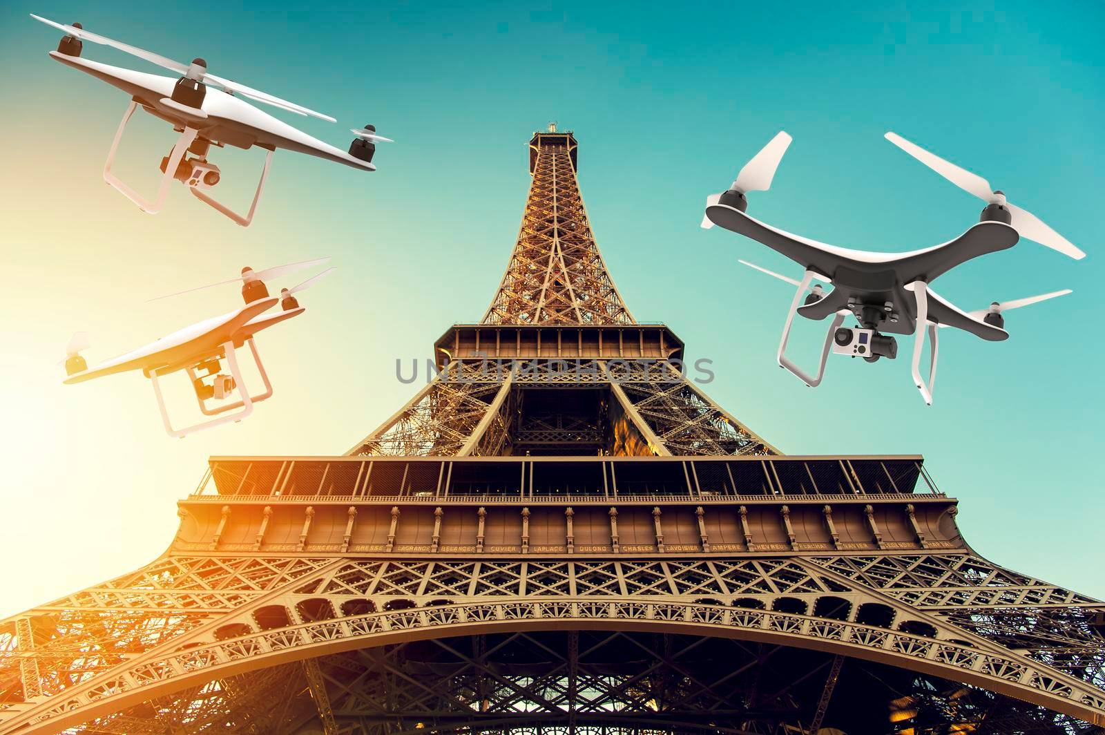 Many drones with digital camera flying around Tour Eiffel: 3D rendering