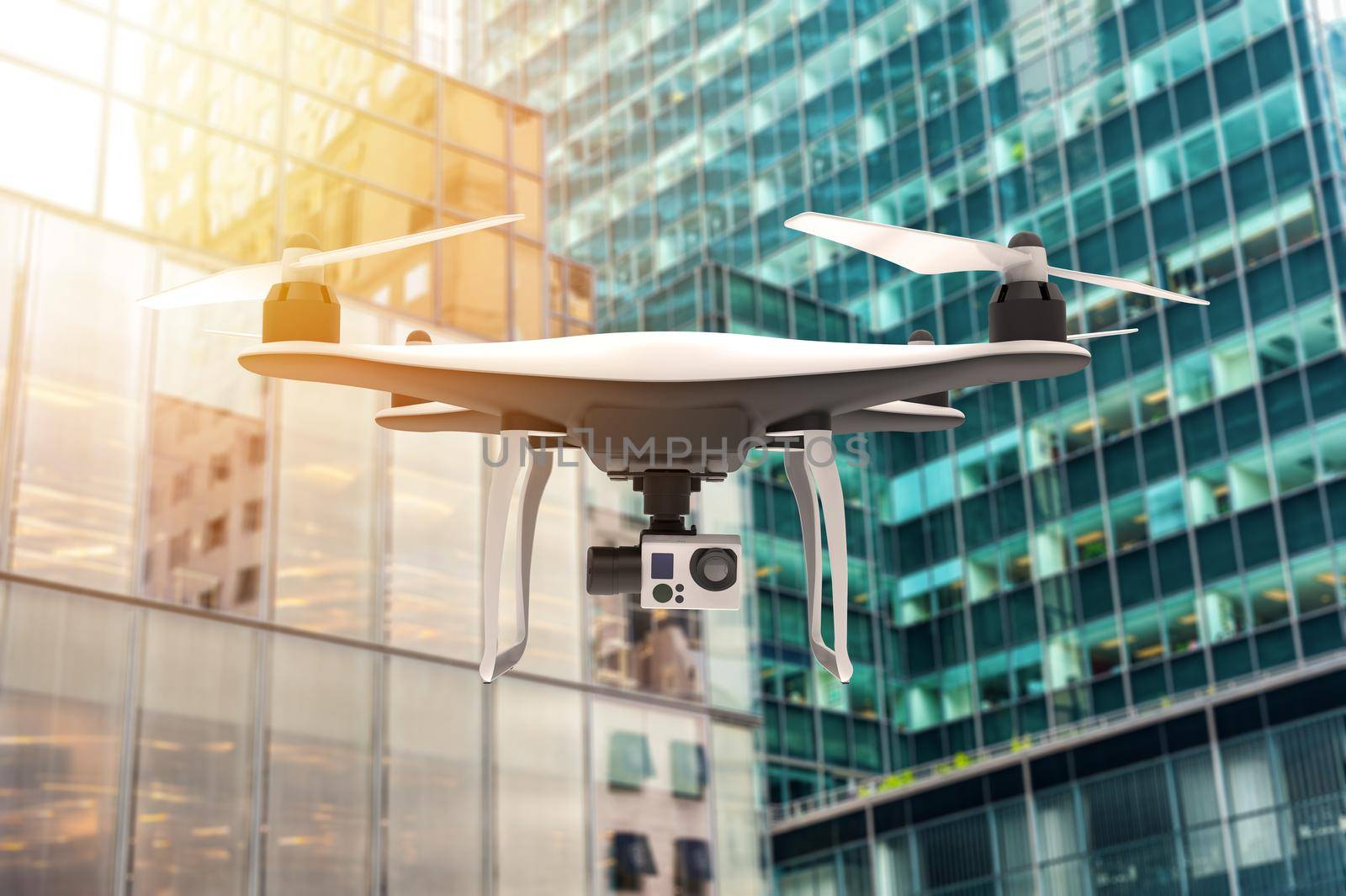Drone with digital camera flying over a modern city: 3D rendering