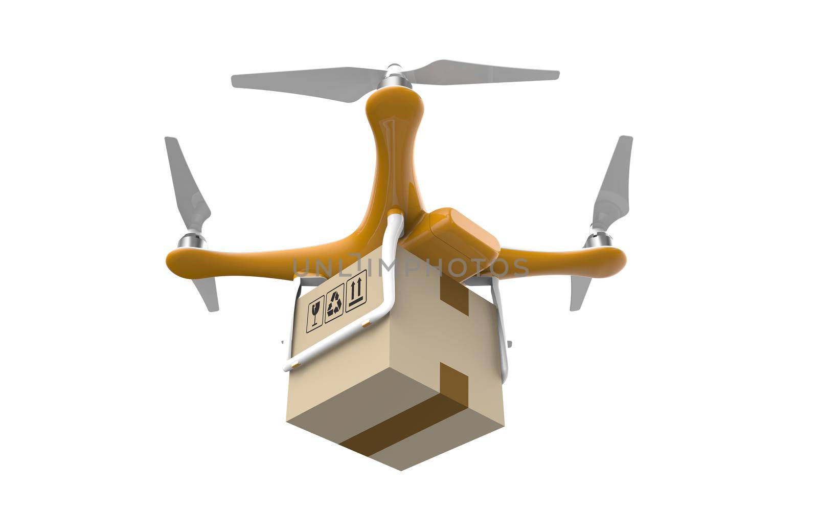 Drone flying with a delivery box package in the white: 3D rendering