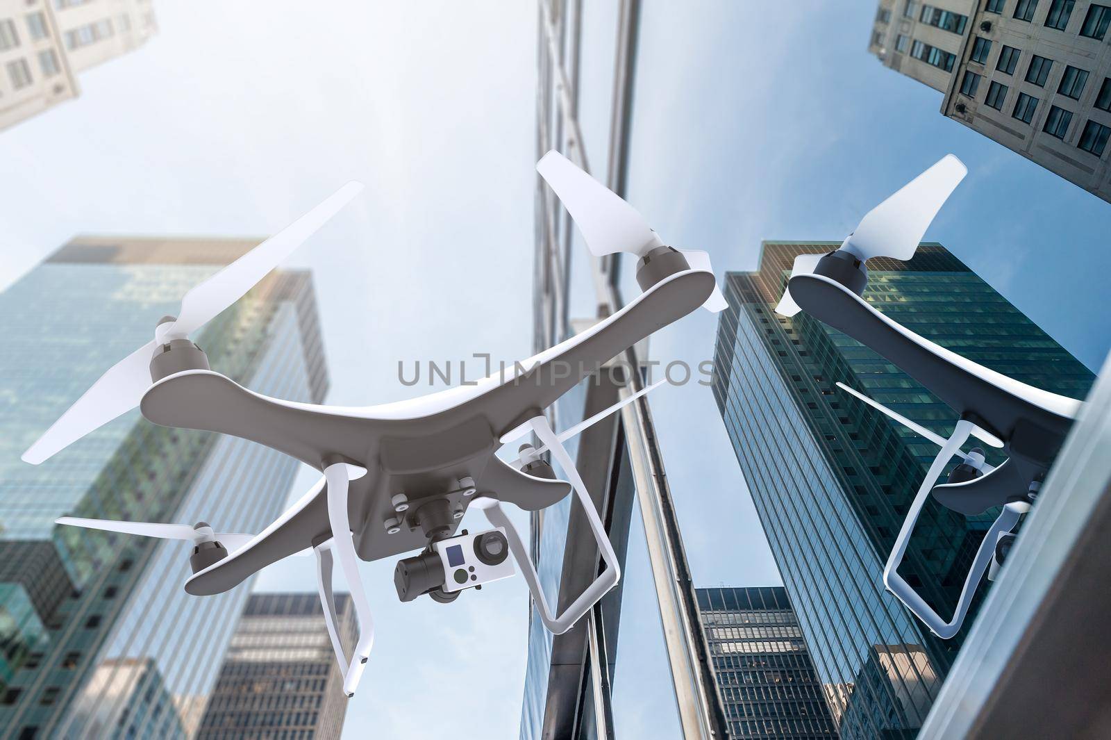 Drone with digital camera flying near modern skyscrapers by cla78