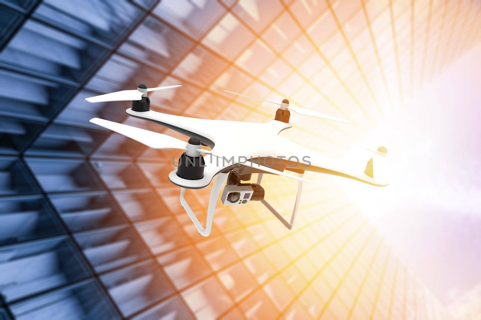 Drone with digital camera flying in the sunset of a modern city: 3D rendering